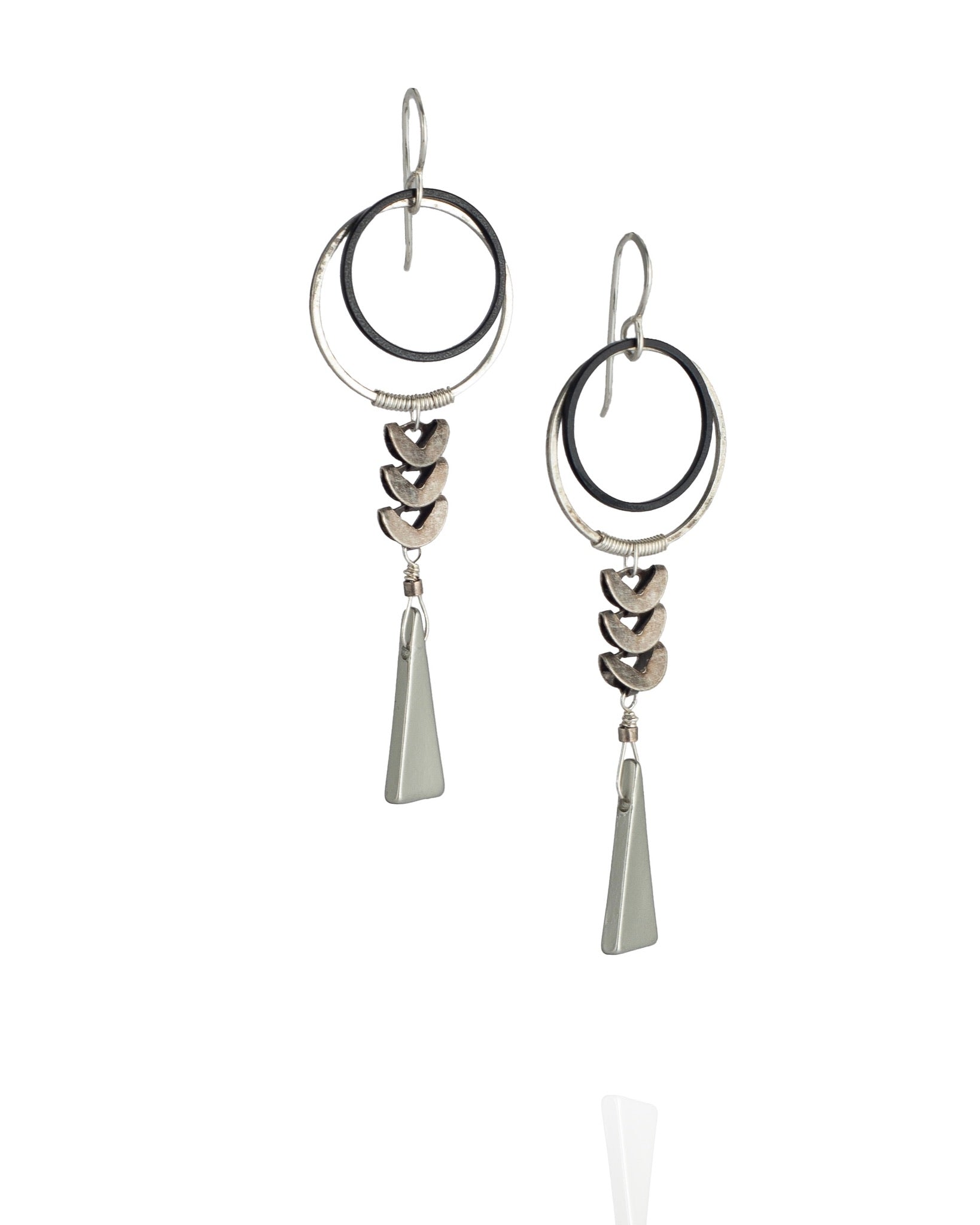 mixed metal geometric earrings with circle and triangle drops