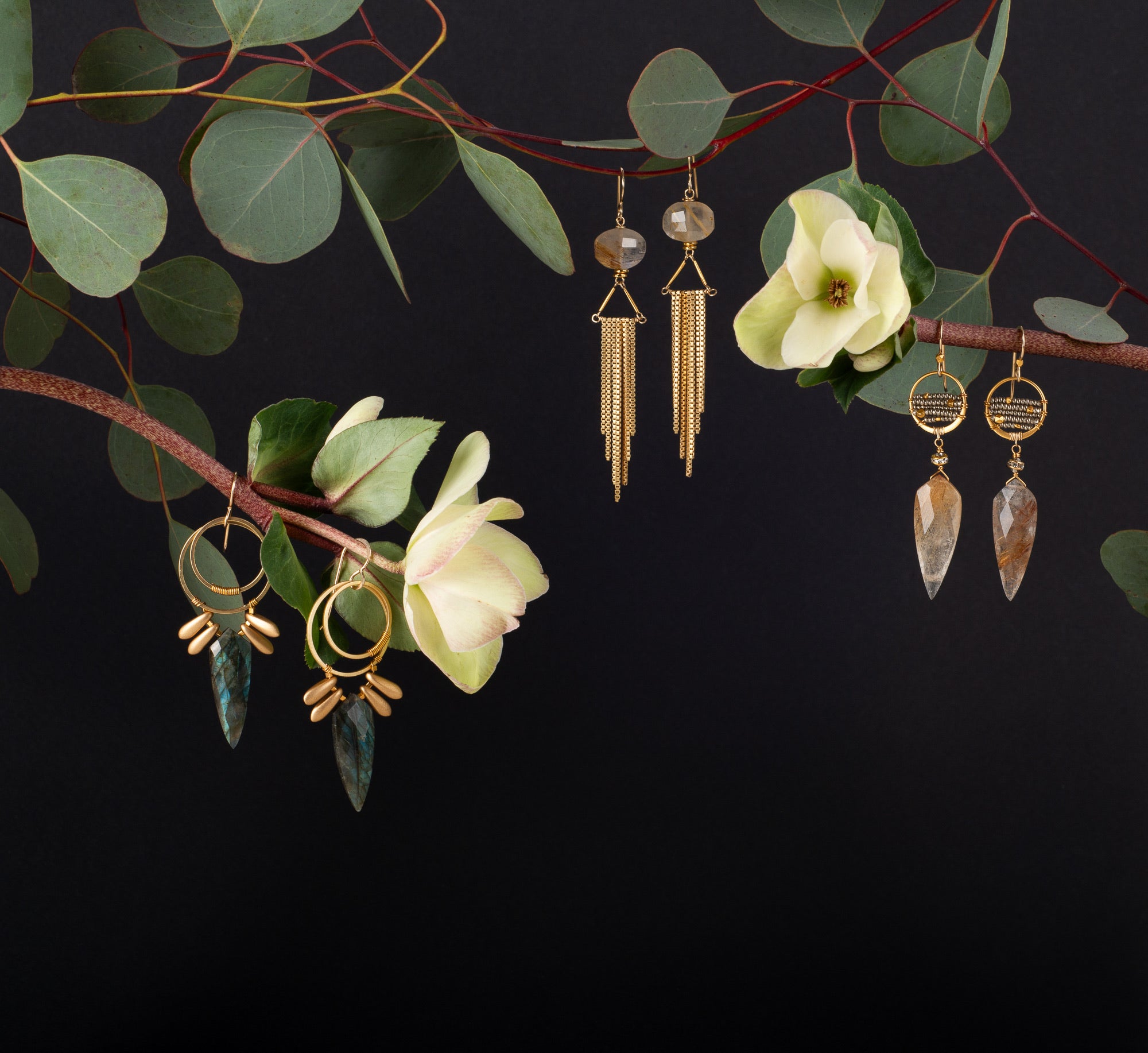 collection with circle petal earrings and branches