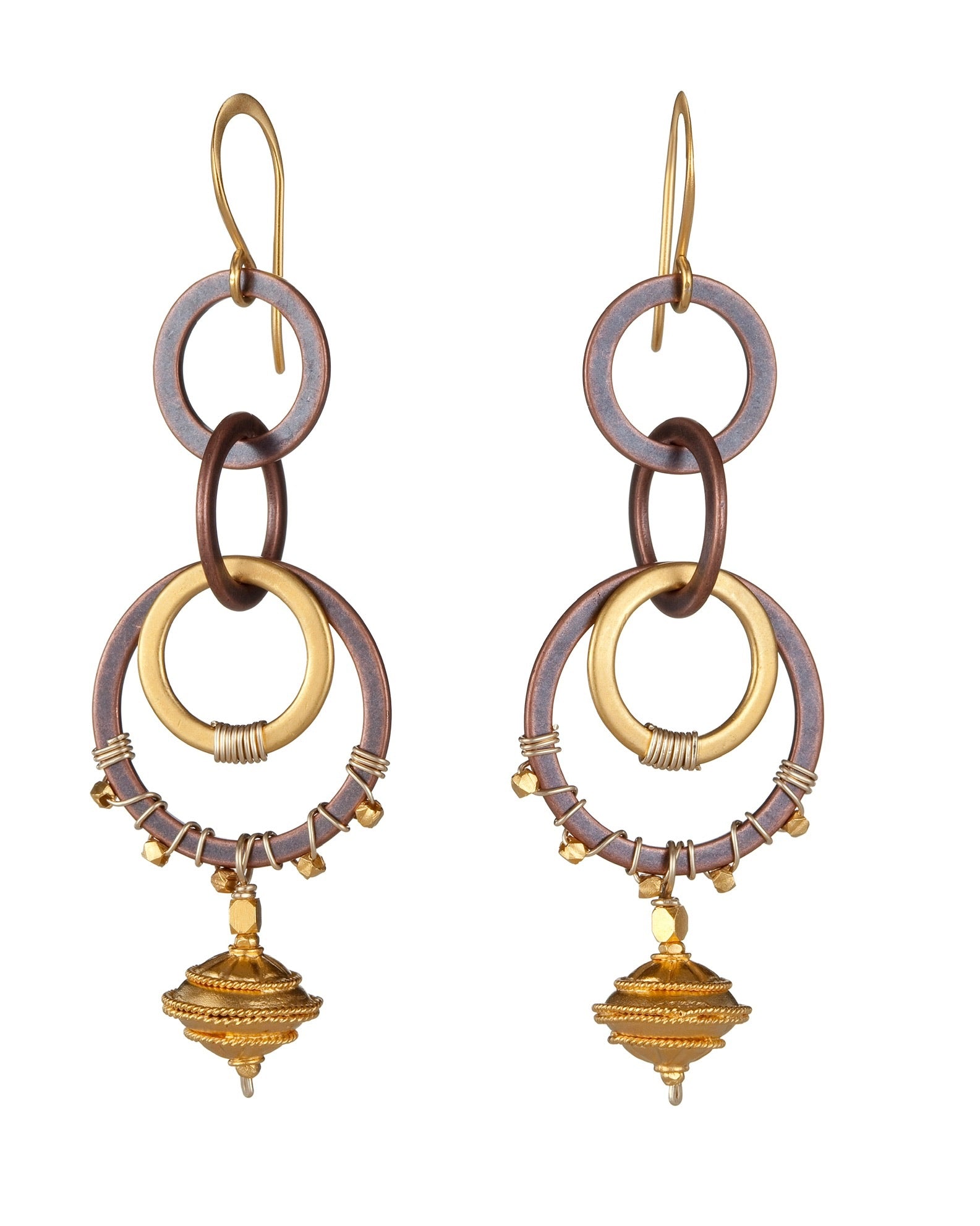 double circle drop earrings in copper with 24k gold over sterling with tiered granulated gold ball