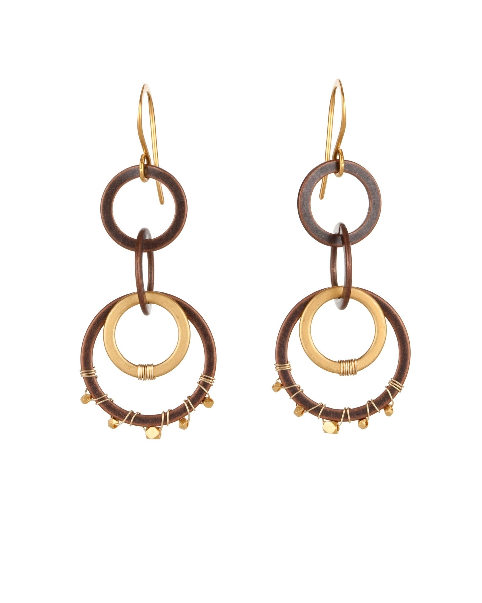 double circle drop earrings in copper with 24k gold over sterling