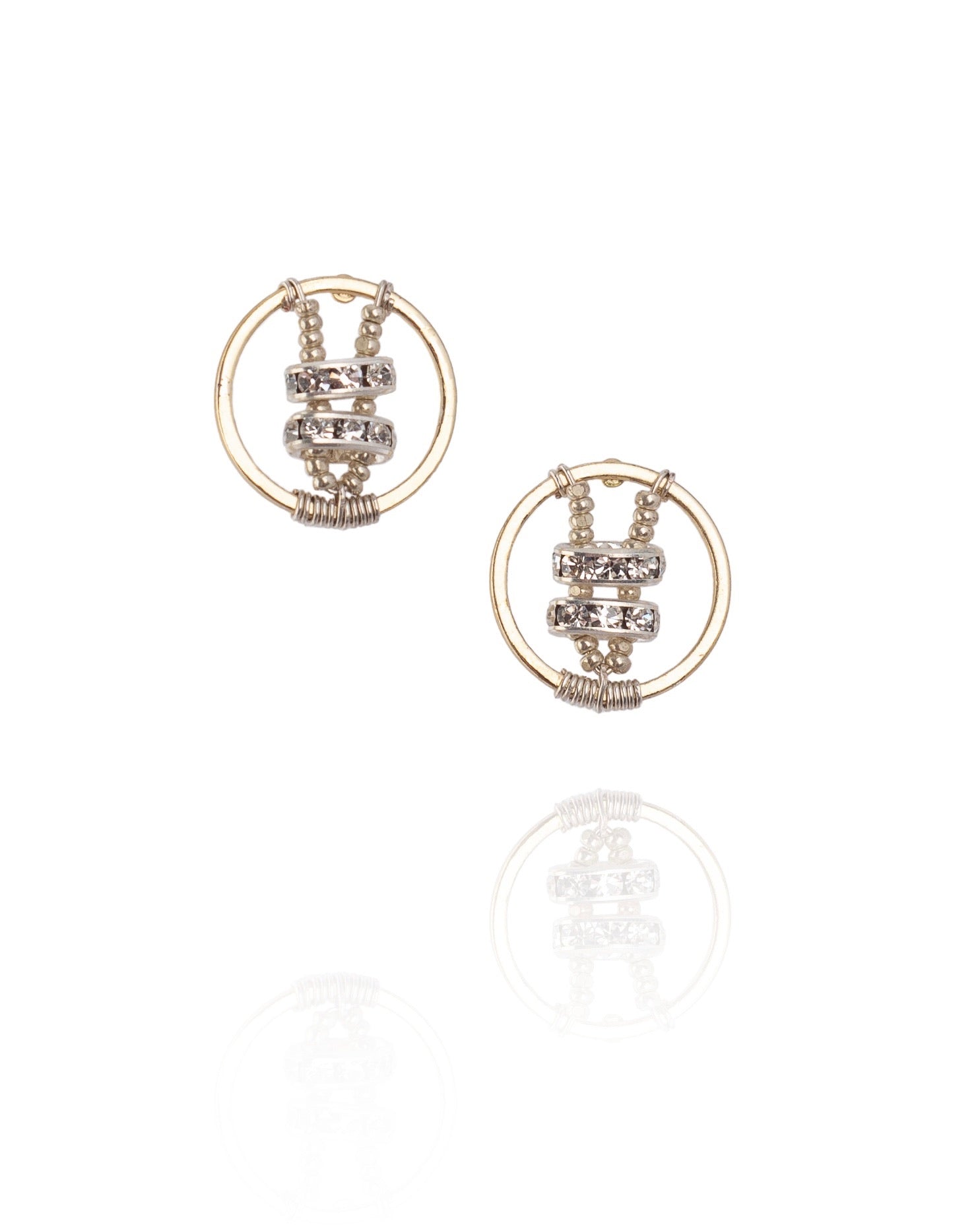 deco circle stud earrings with vintage crystal in gold electroplate