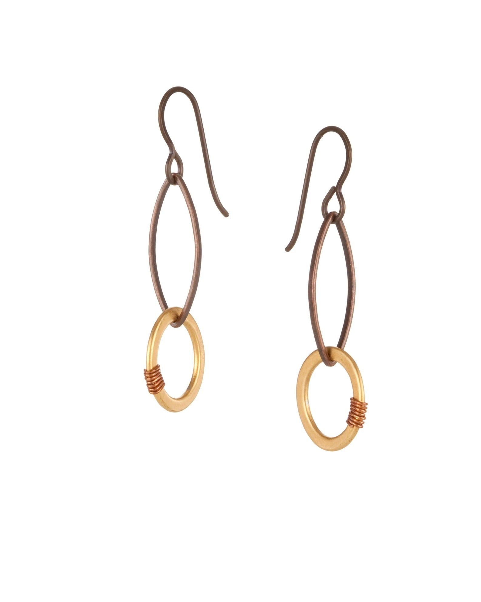 elongated oval ring drop earrings in copper and gold electroplate