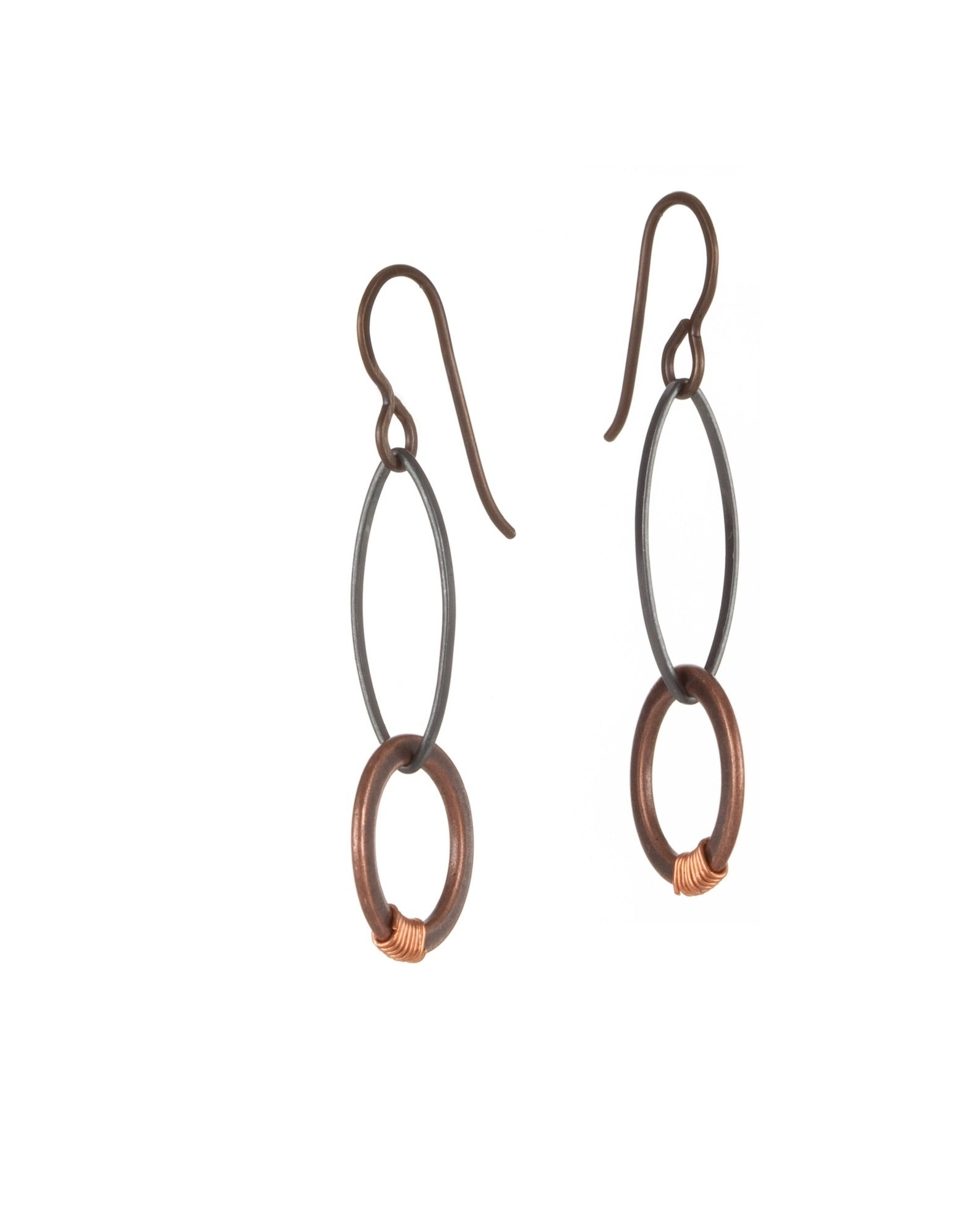 elongated oval ring drop earrings in oxidized silver and copper electroplate