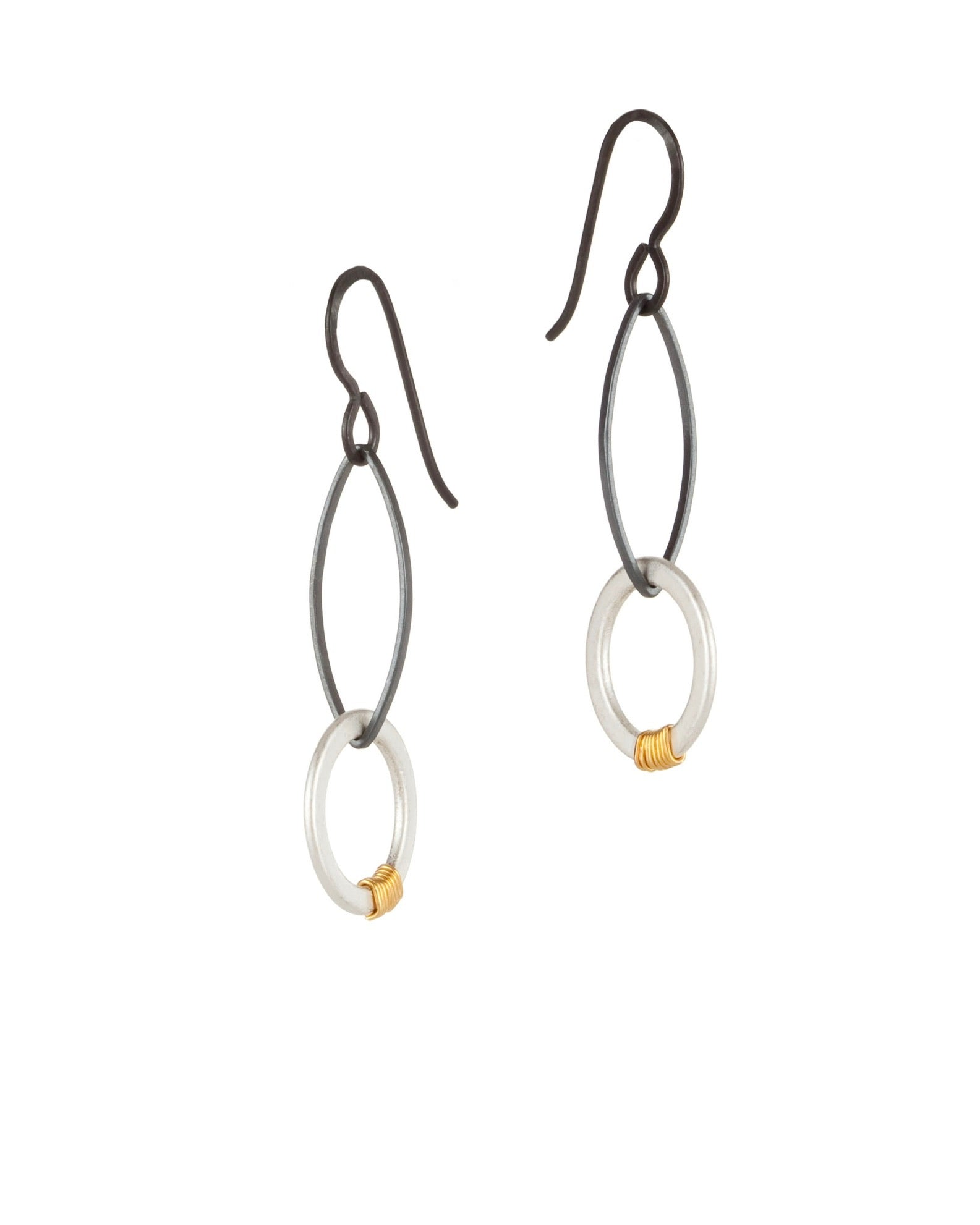elongated oval ring drop earrings in oxidized silver and silver electroplate