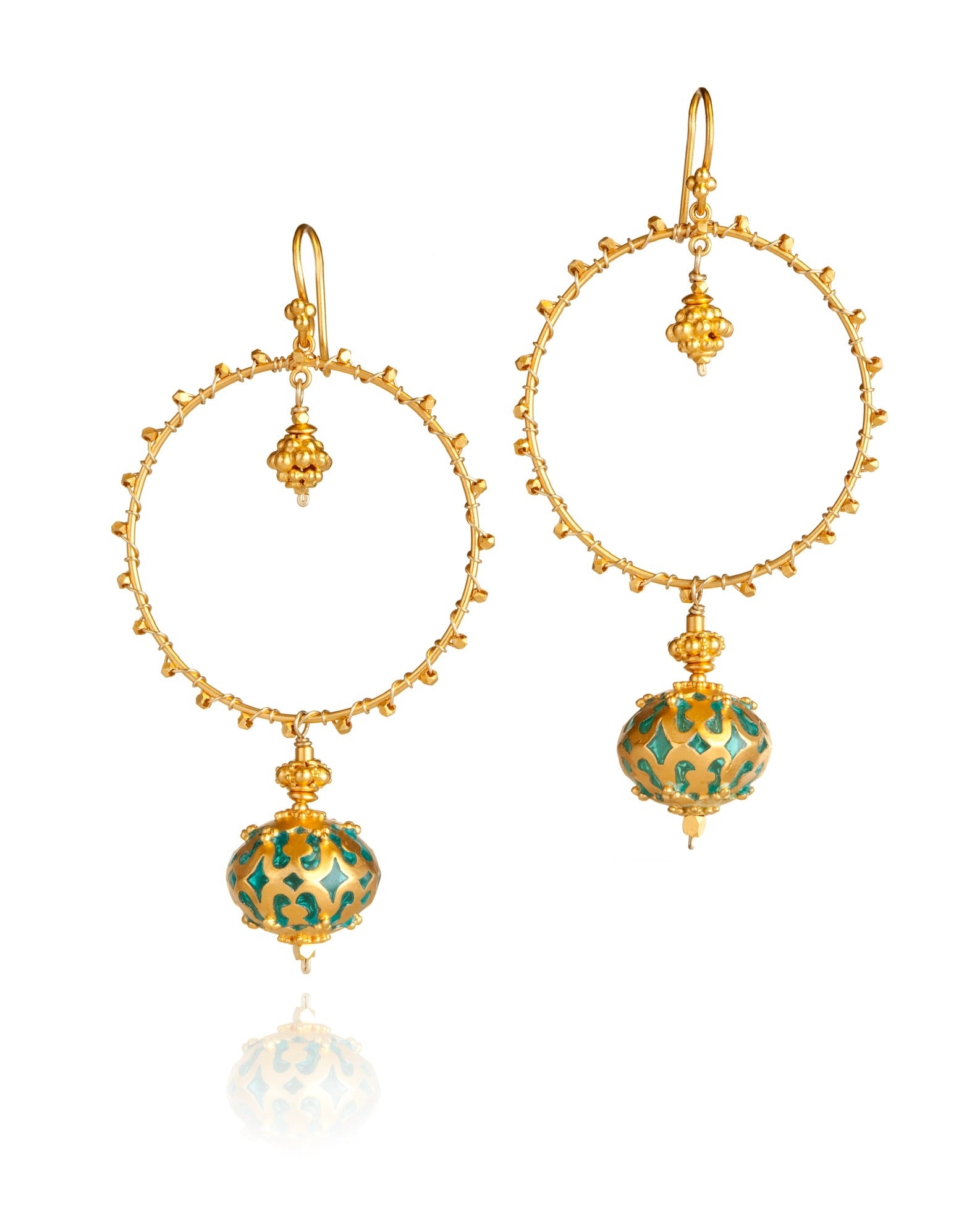 large circle drop earrings in green enamel with 24k gold over sterling silver with 14k gold wire