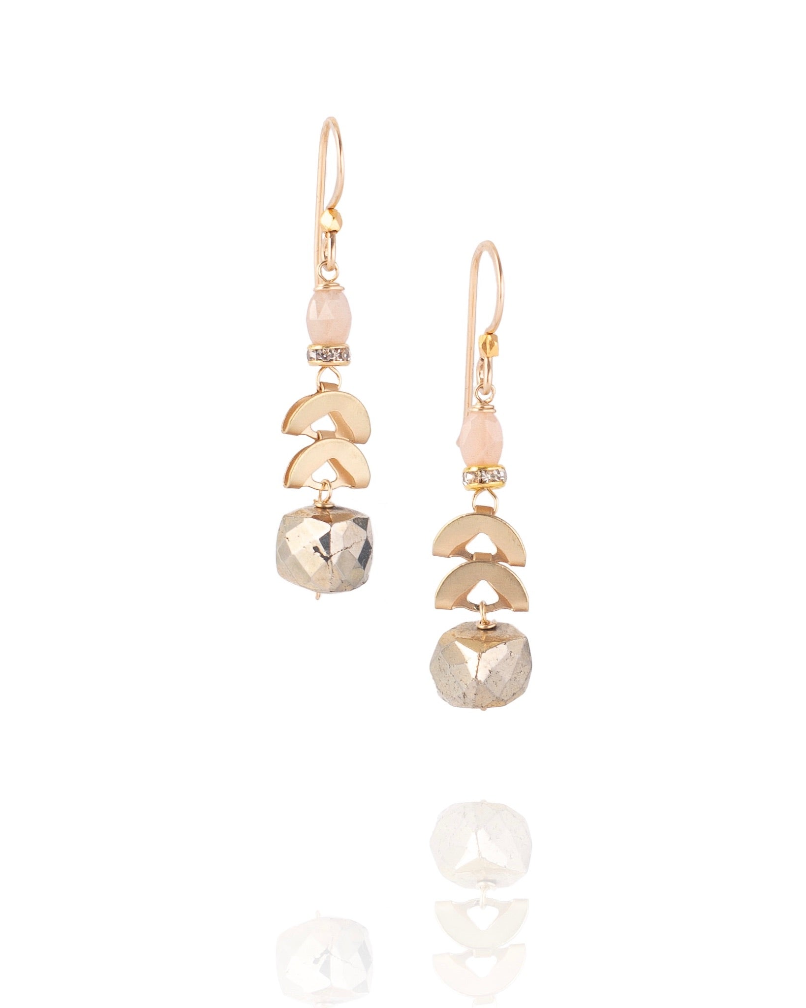 faceted pyrite cube earrings with peach moonstone accent
