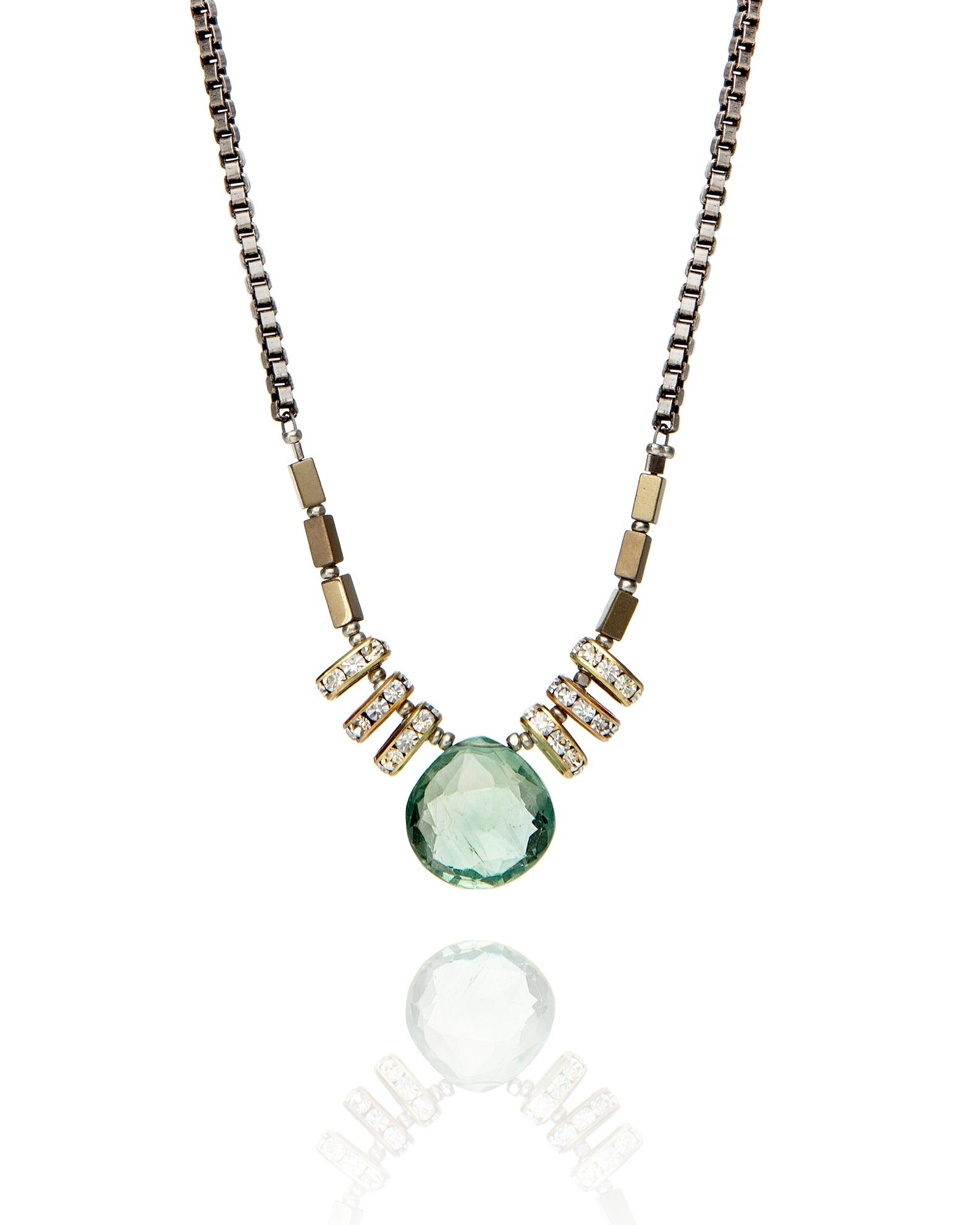 pendant necklace in fluorite with vintage crystal and bronze hematite with antique silver electroplate chain