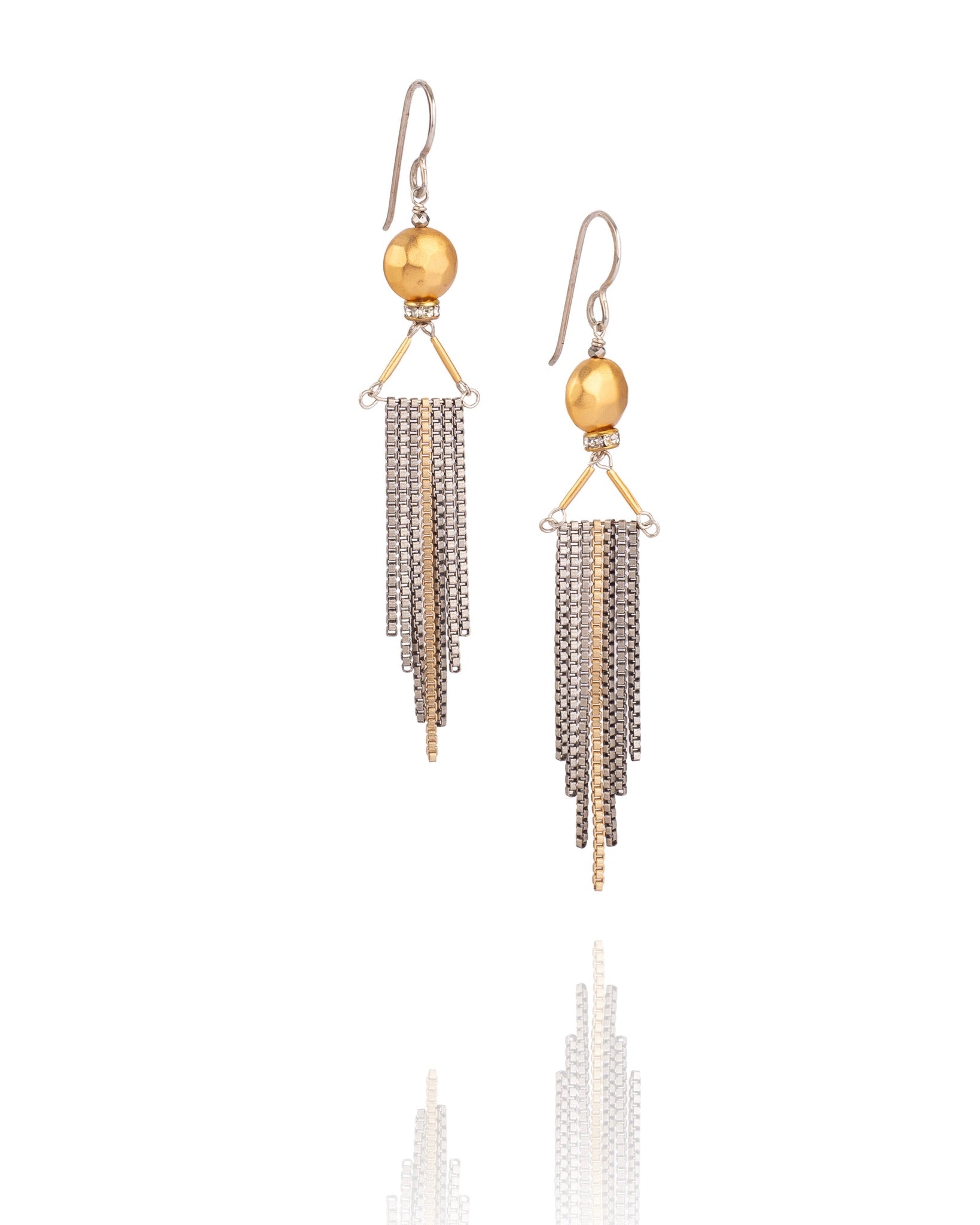 chain fringe drop earrings with gold sphere and mixed metal chain