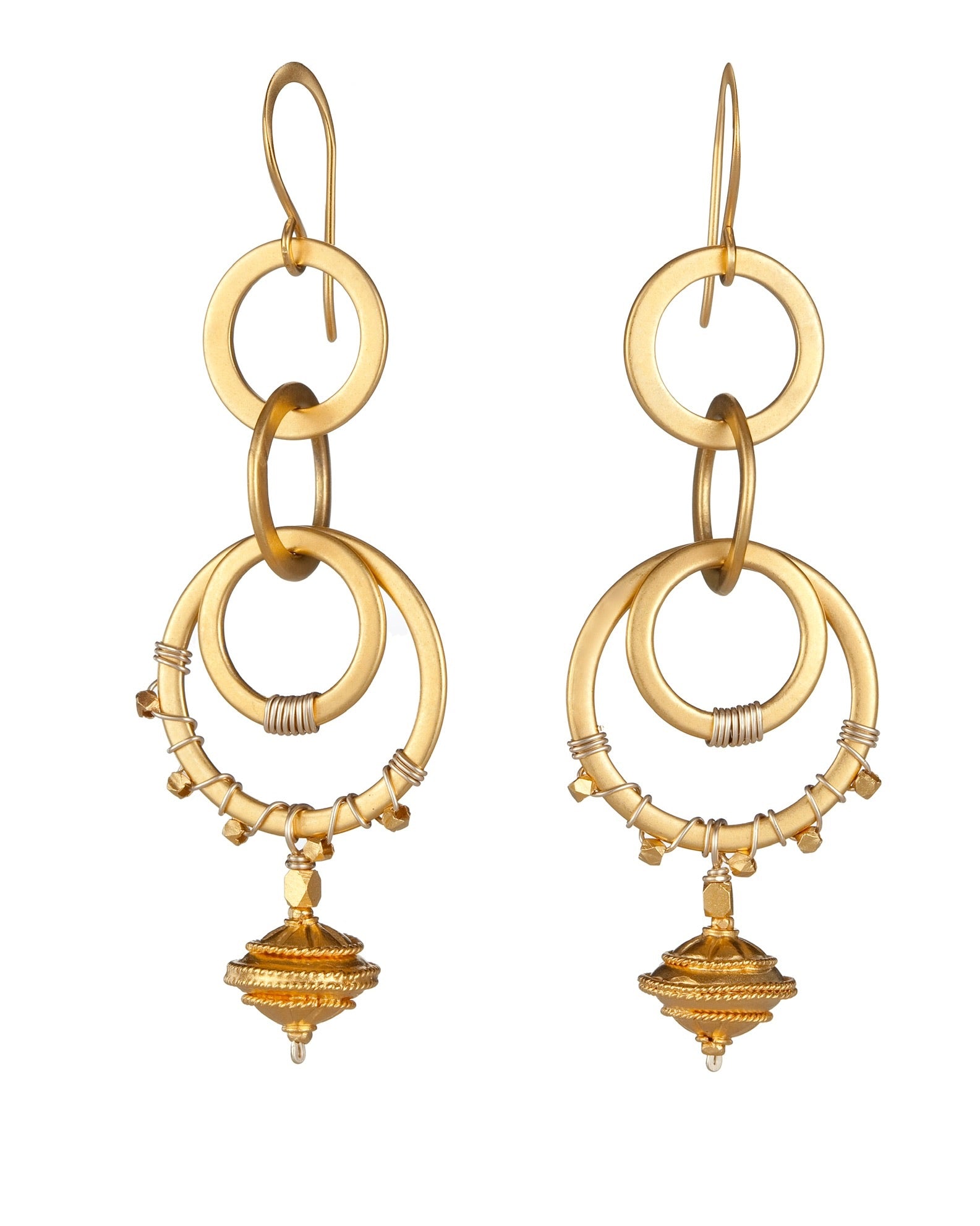 double circle drop earrings in 24k gold over sterling with tiered granulated gold ball