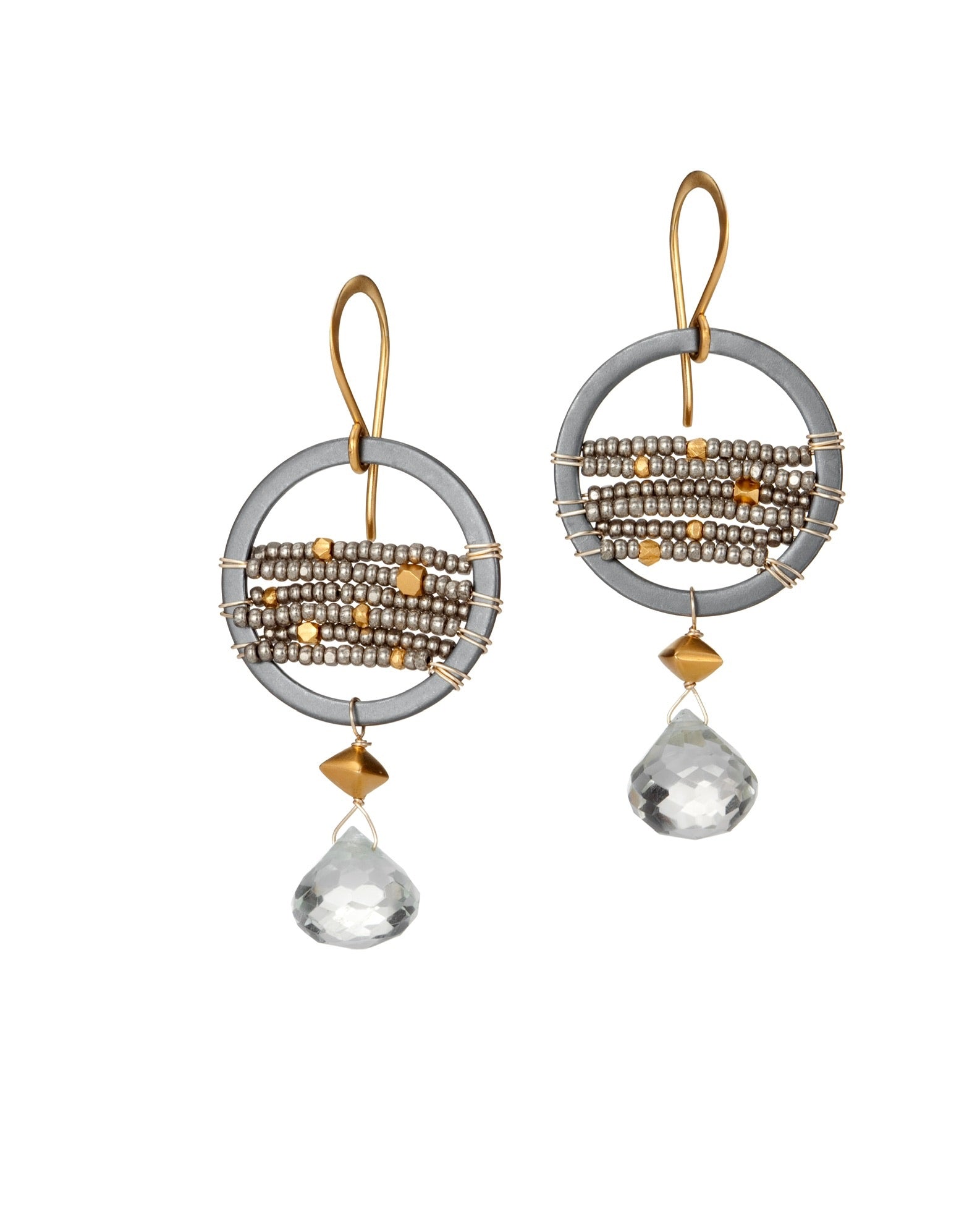 linear drop earrings in green amethyst with charlottes and oxidized silver with 24k gold accents