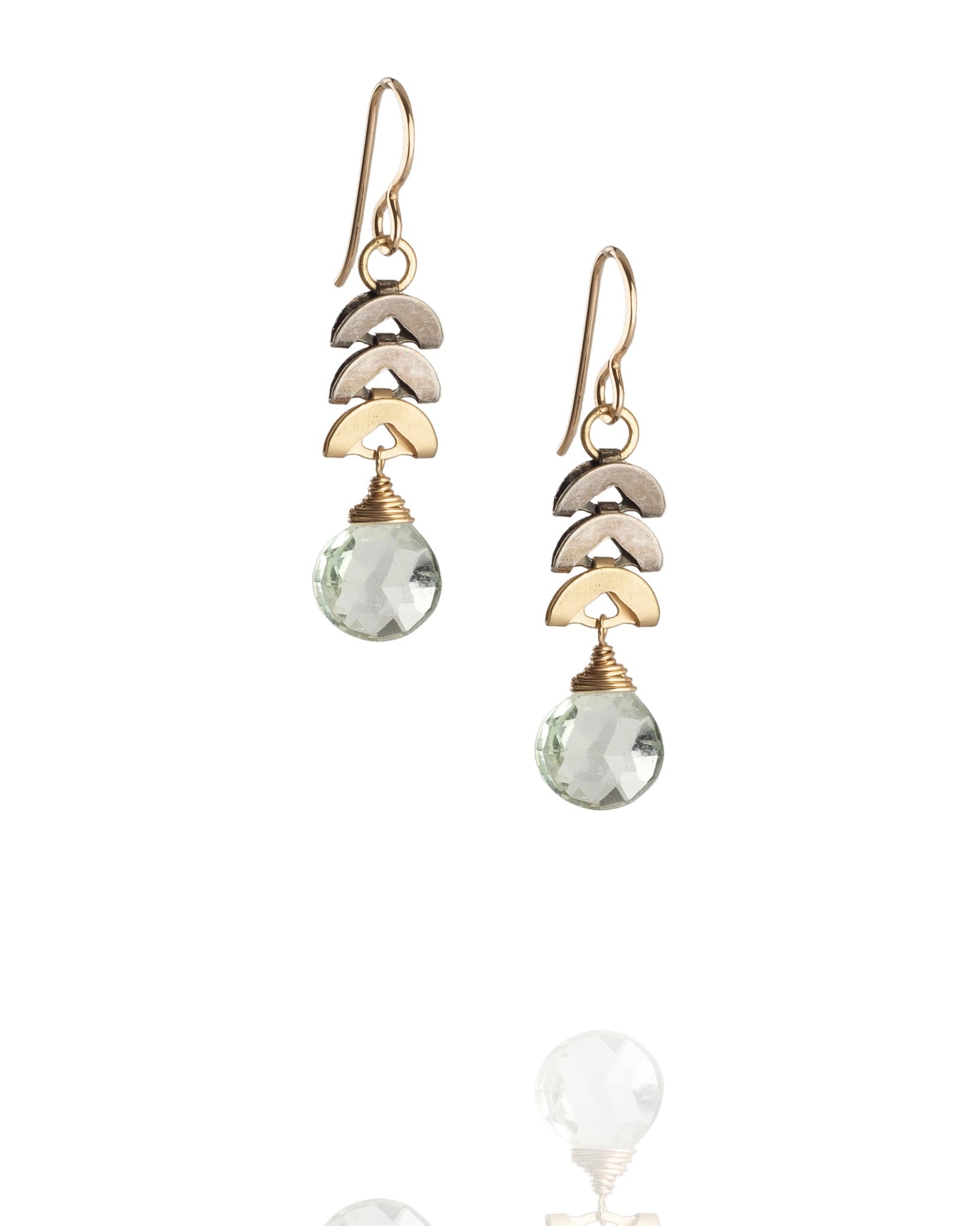 faceted green amethyst drop earrings in gold
