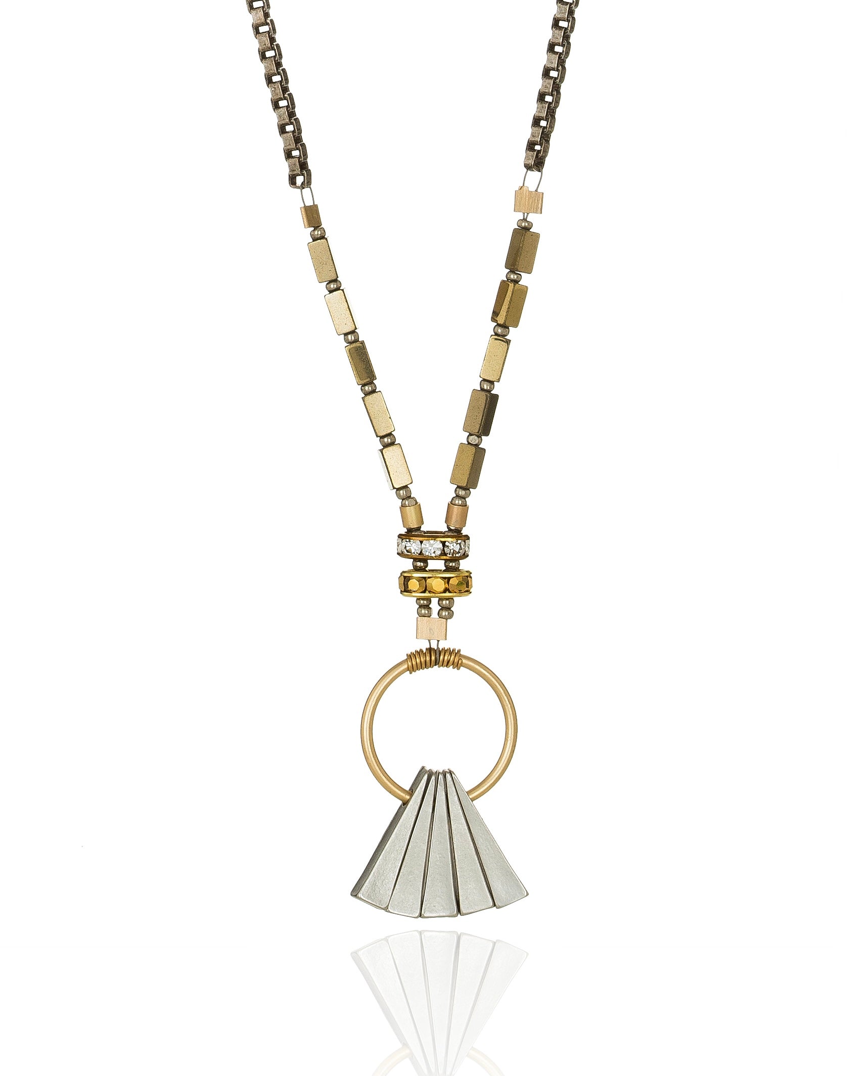 bronze hematite necklace with silver triangles and gold circle on antique silver box chain