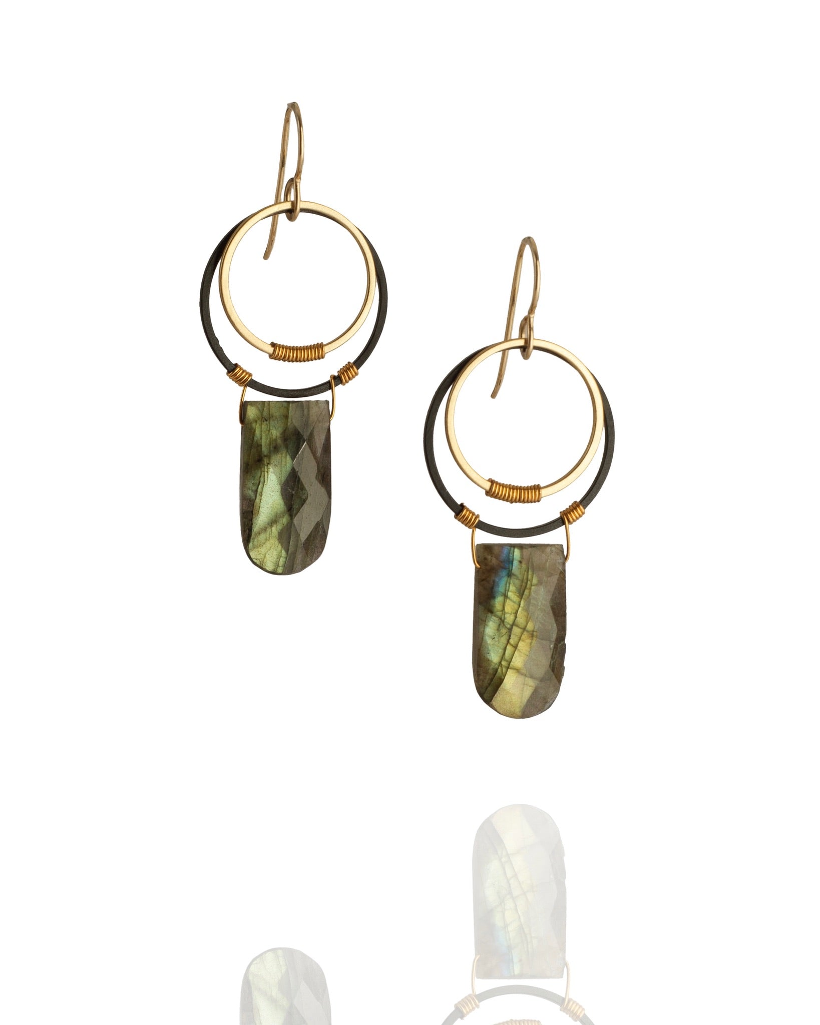 labradorite drop earrings with mixed metal circle top