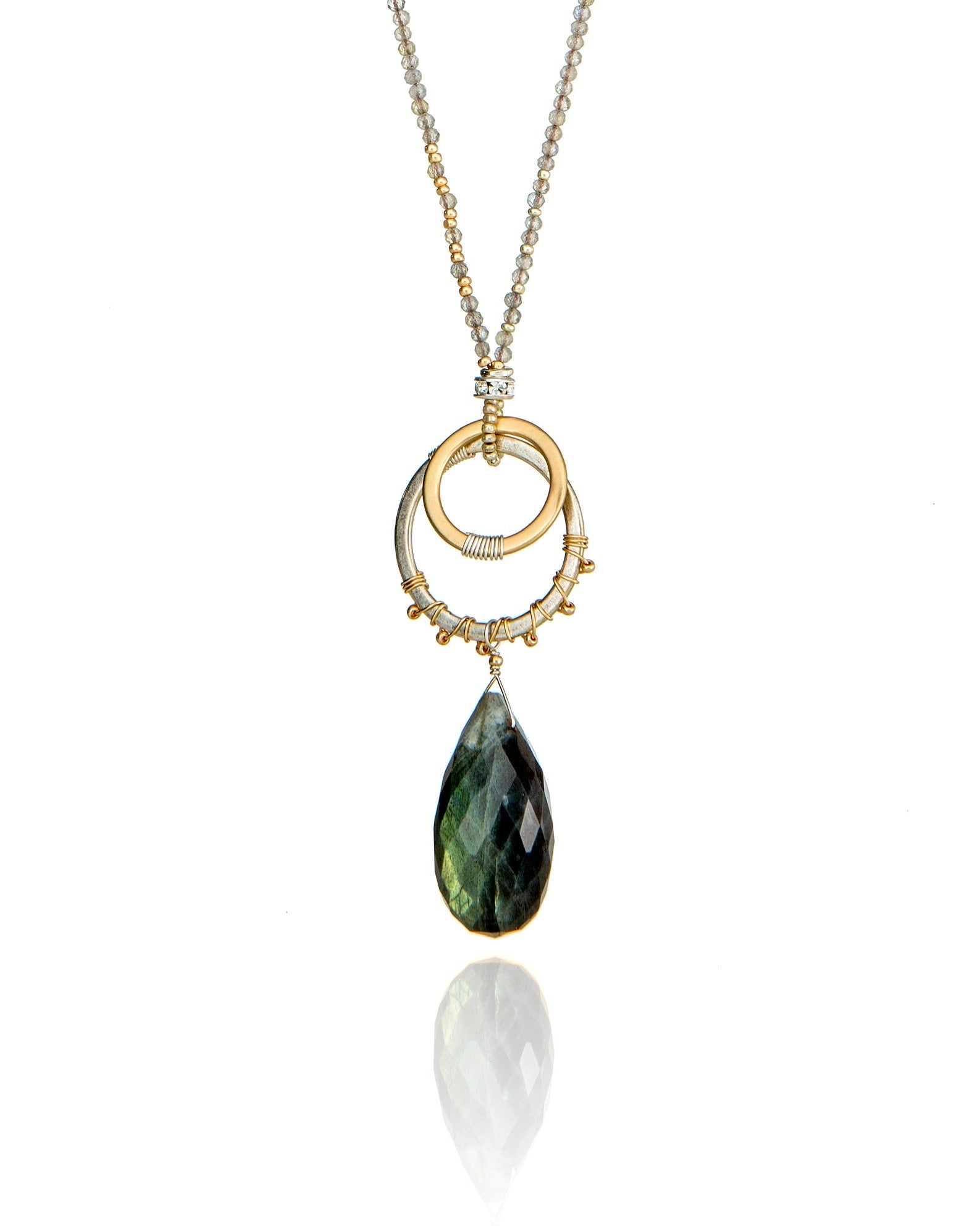 circle pendant necklace in labradorite with gold electroplate