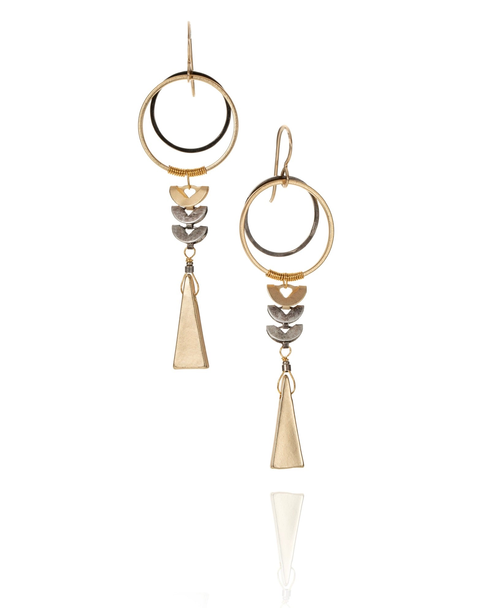 layered crescent drop earrings in mixed metal with gold electroplate
