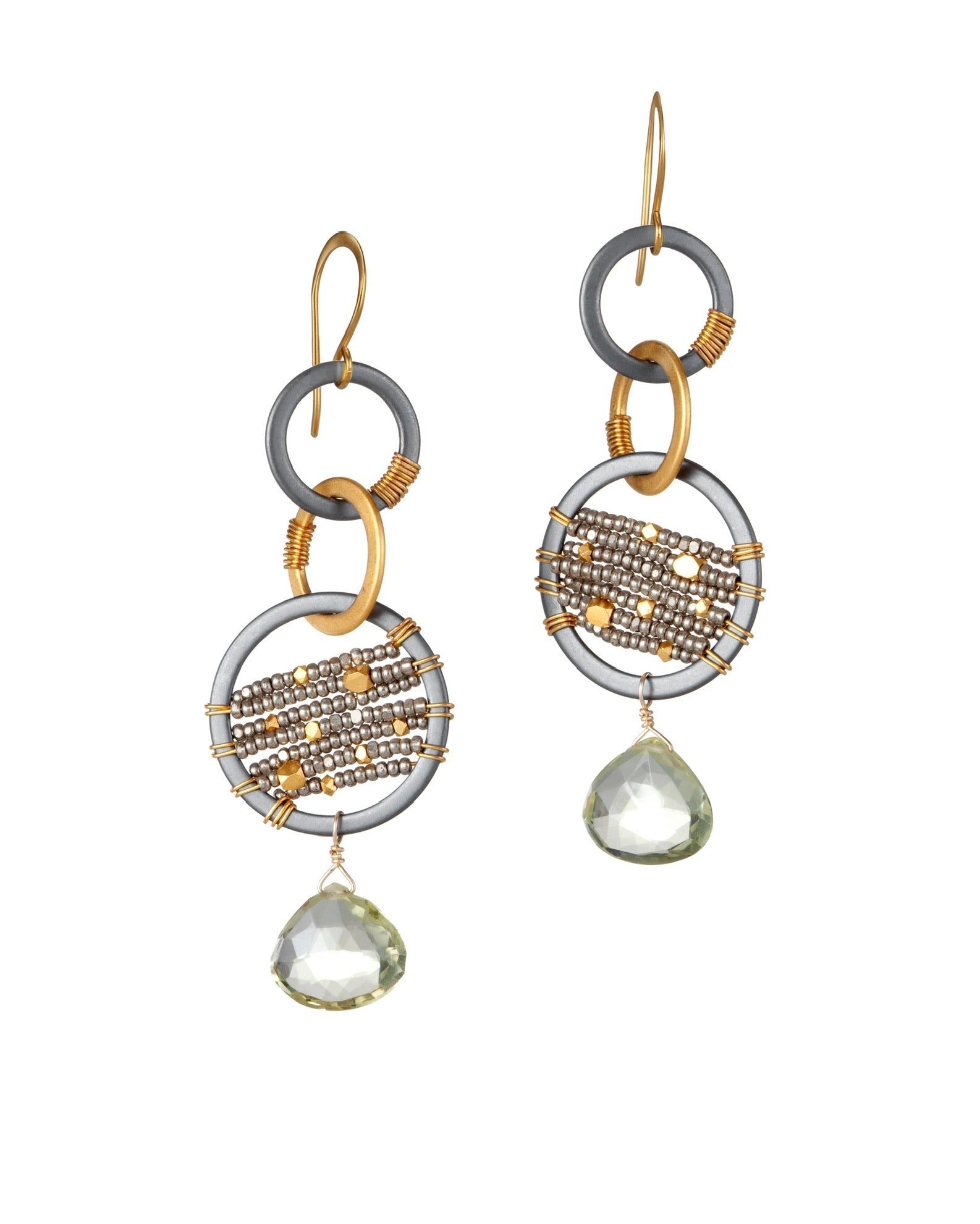 linear drop earrings in lemon topaz with charlottes and oxidized silver with 24k gold accents