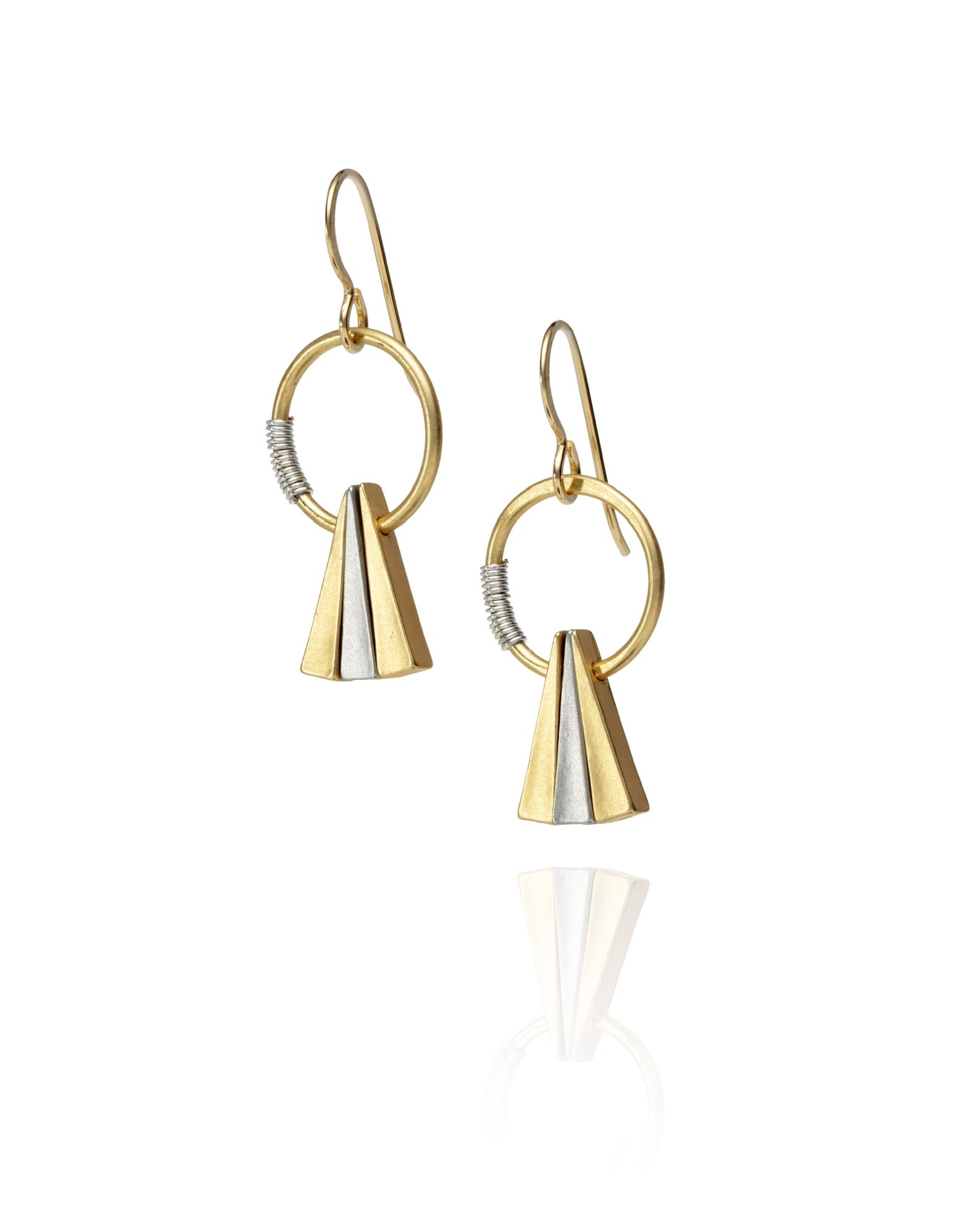 open circle triangle drop earrings with mixed metal electroplate