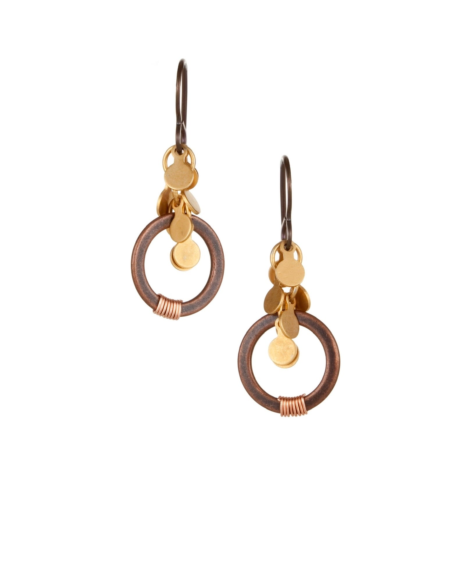 small drop earrings in copper with gold and paddle elements