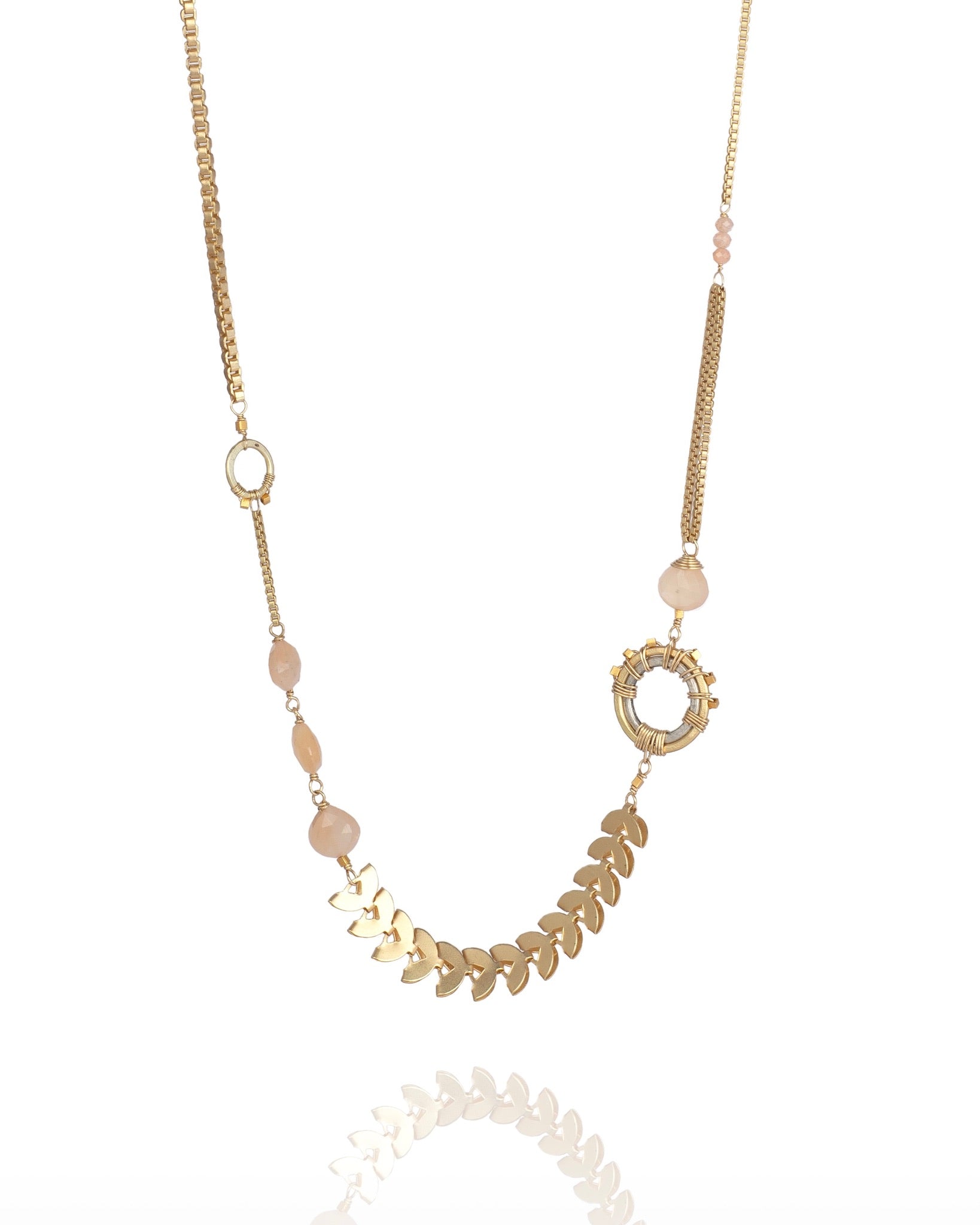 necklace in peach moonstone with 24k gold over sterling accents and gold electroplate crescents