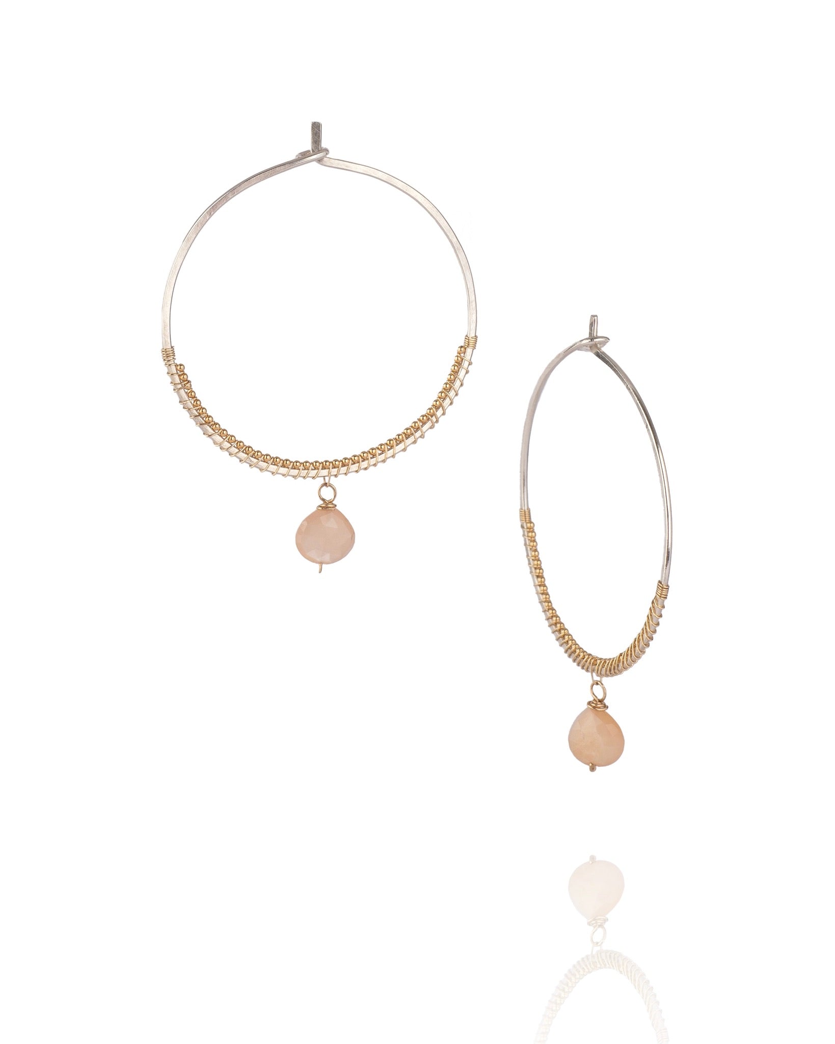 faceted peach moonstone drop earrings with silver hoops