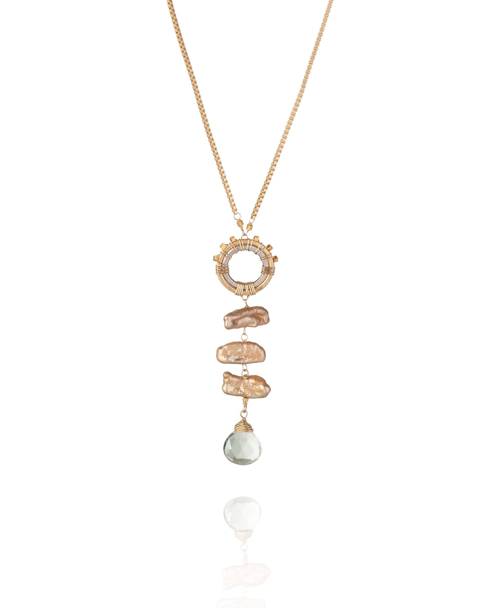 necklace with pearl accents and green amethyst drop