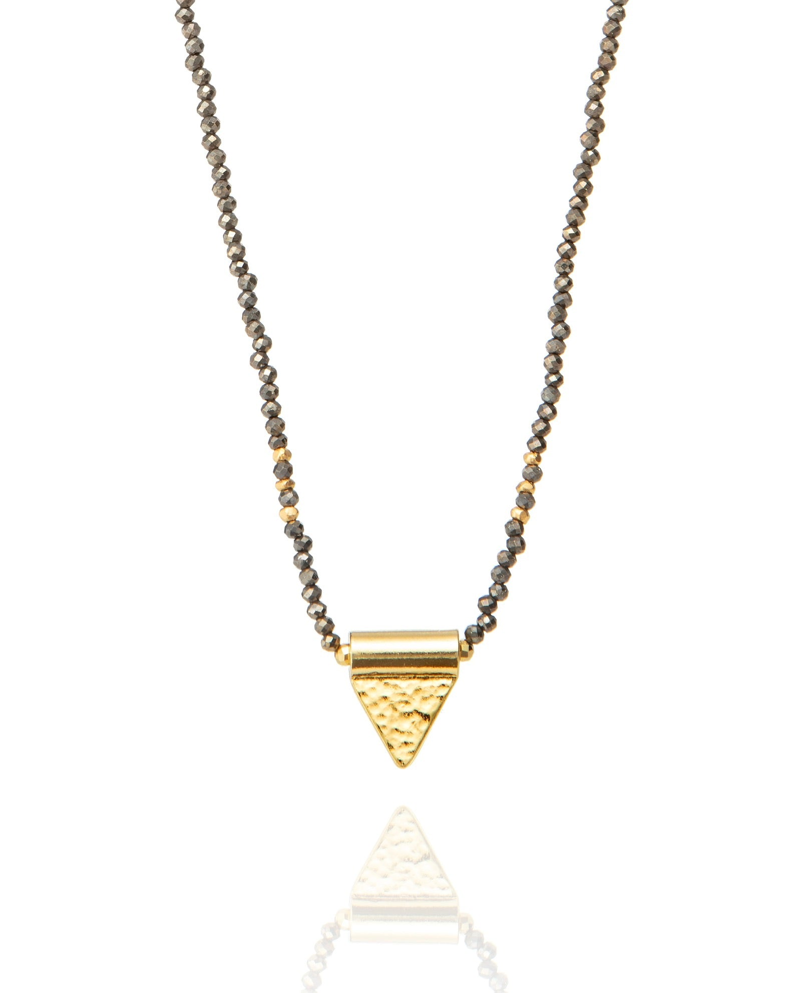 pendant necklace in pyrite with 24k gold accents and hammered triangle