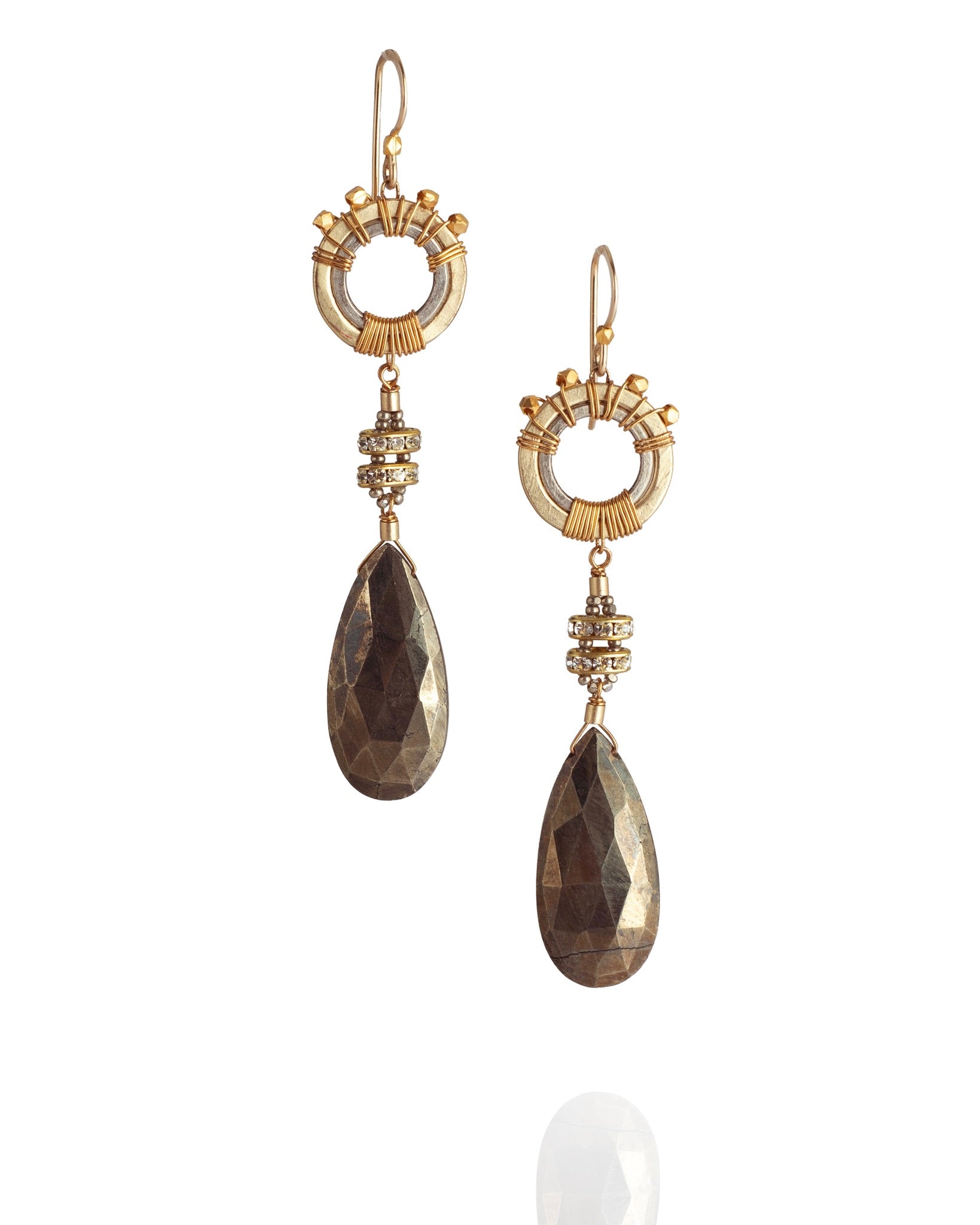 drop earrings in faceted pyrite with vintage crystal beads and 24k gold over sterling accents