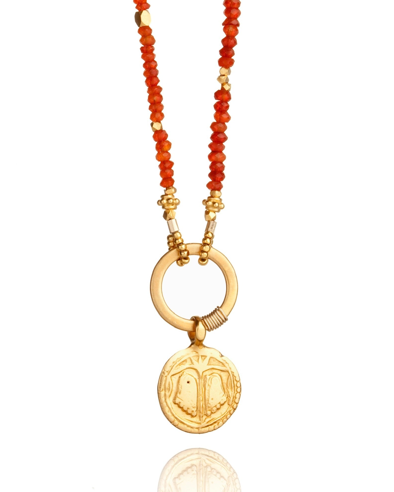 circle pendant necklace in red carnelian with antique pendant with 24k gold over sterling silver