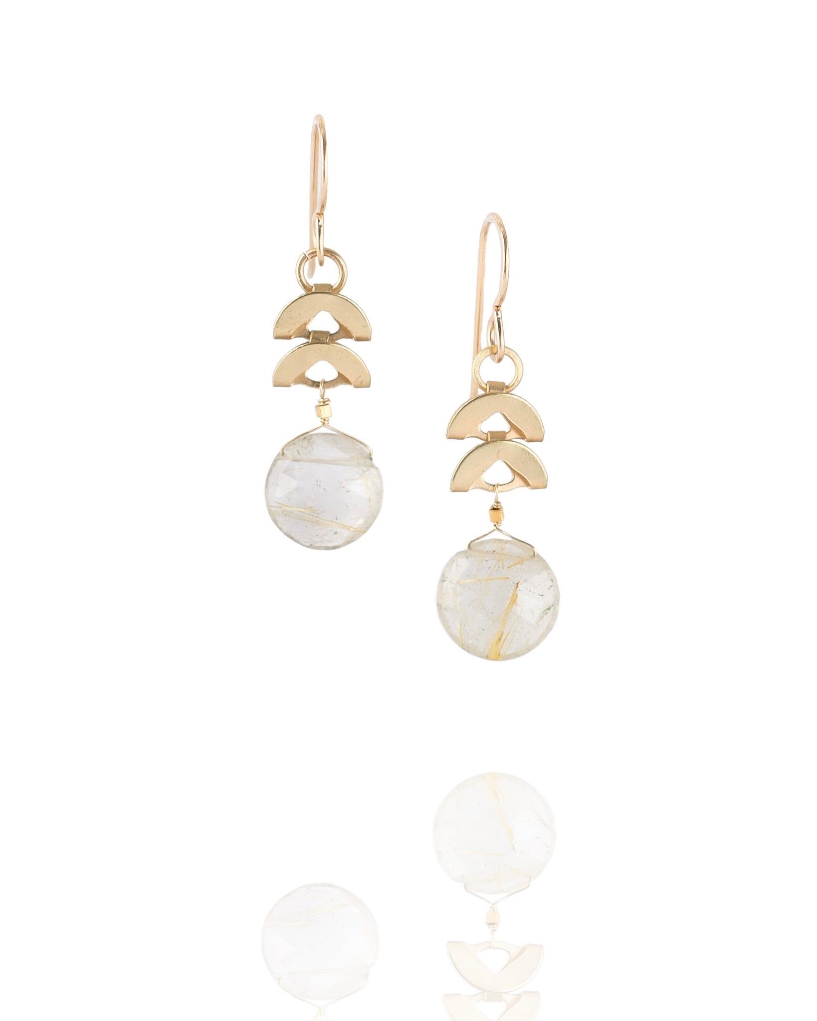 drop earrings in gold rutilated quartz with gold electroplate crescents