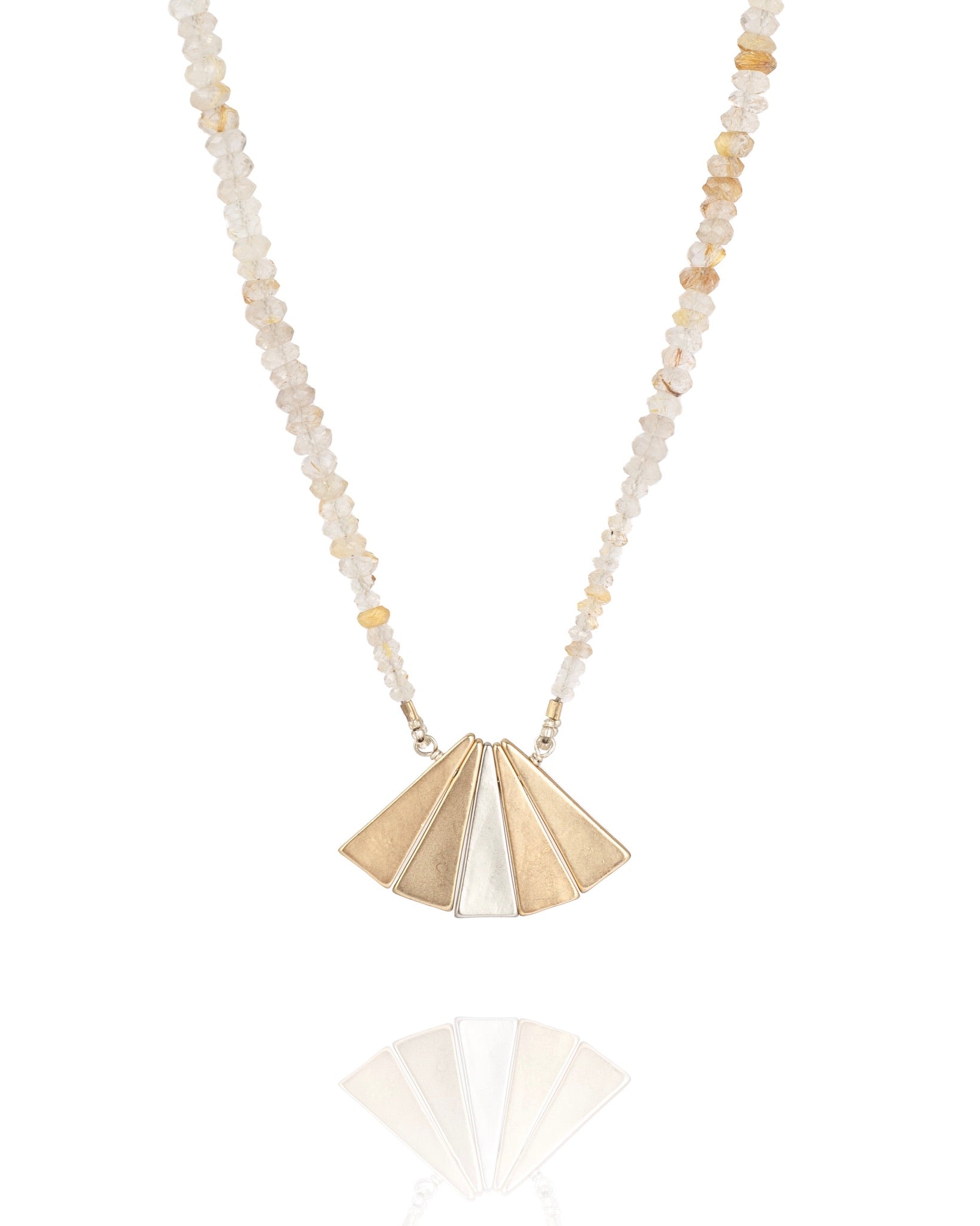 triangle necklace in gold rutilated quartz with mixed metal electroplate