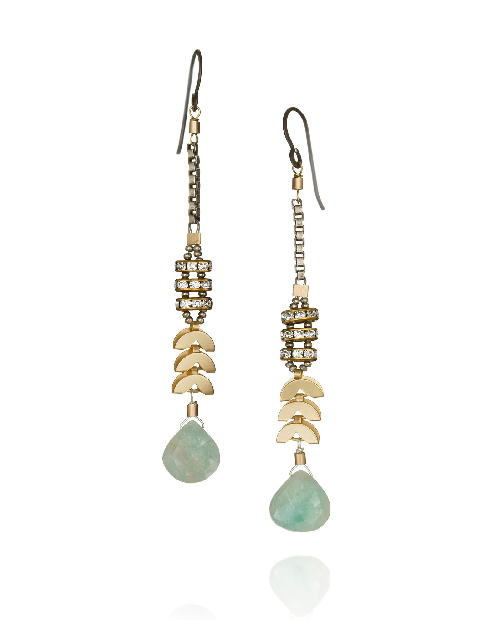 amazonite and vintage crystal vertical drop earrings on antique silver box chain