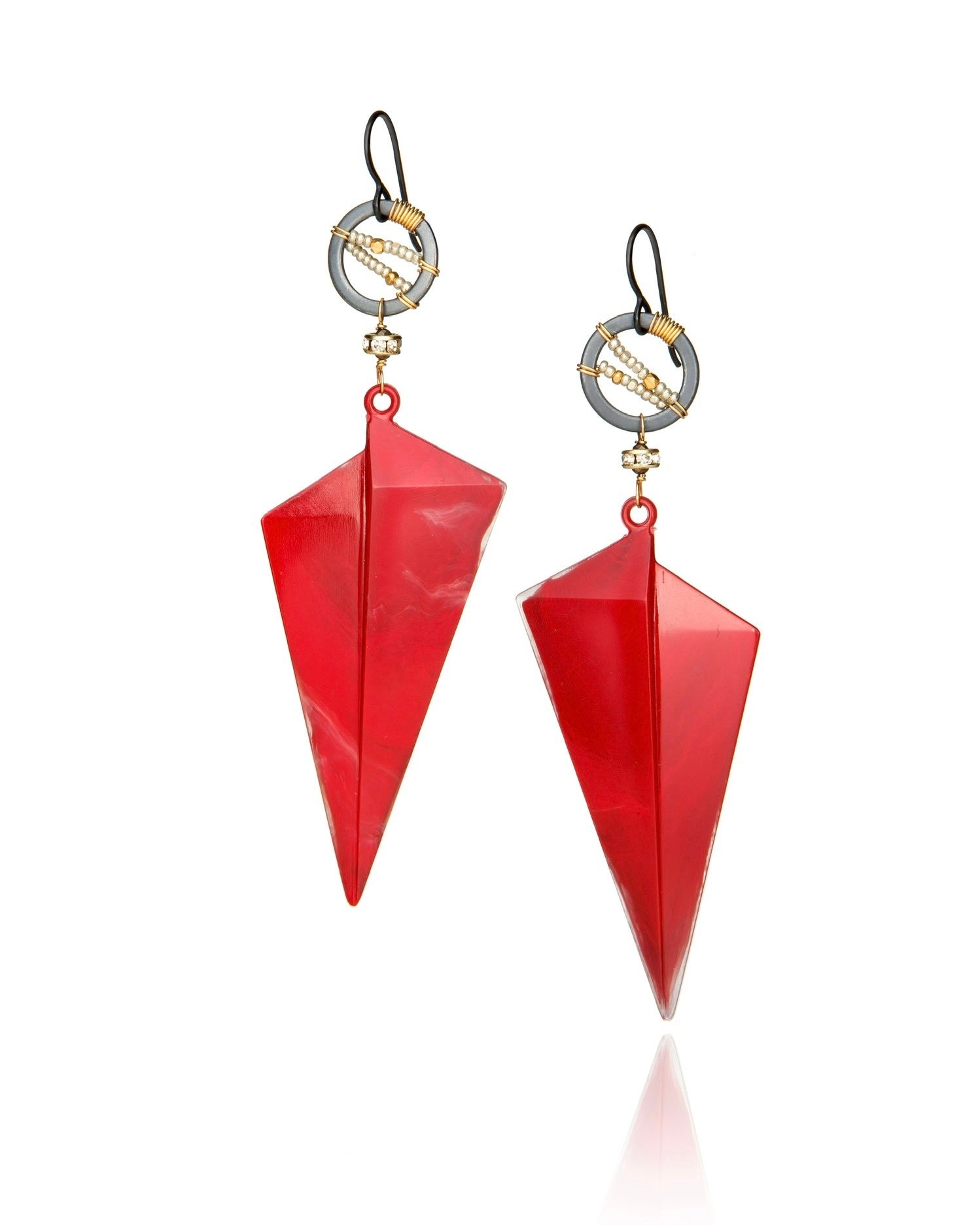 Triangle Drop Earrings in Red Vintage Resin with Gold Electroplate