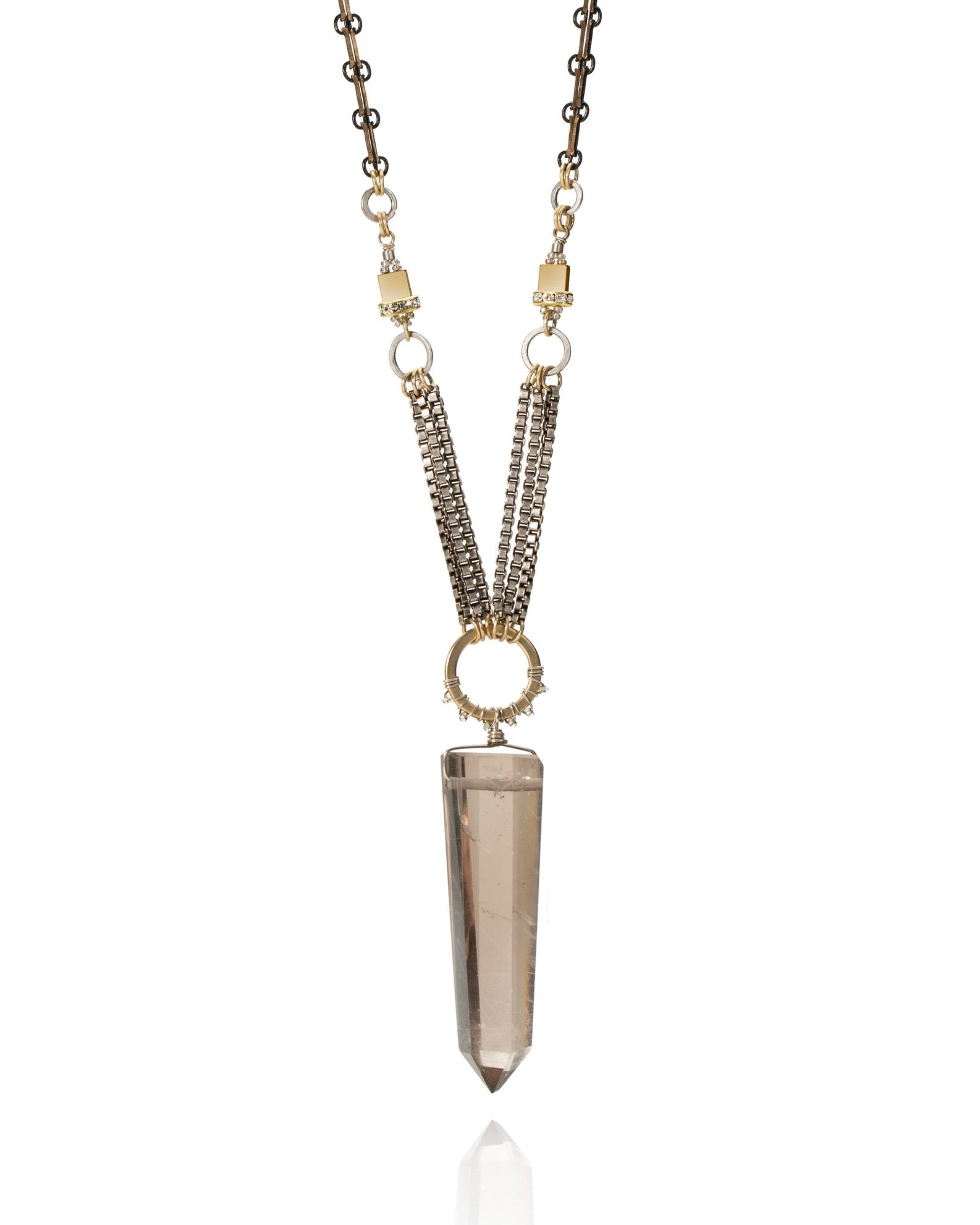 long pendant necklace in smoky topaz with crystal with vintage chain