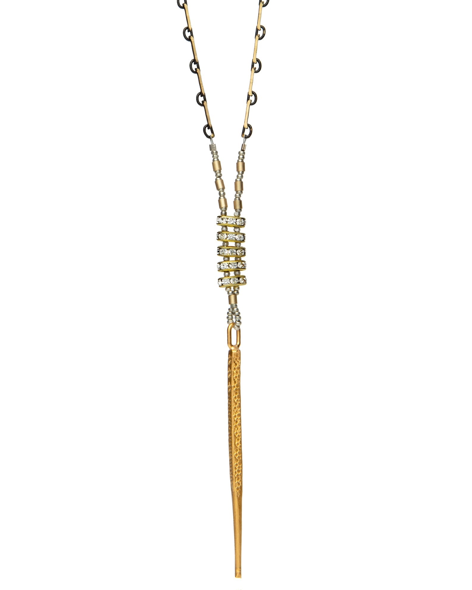 pendant necklace with stamped pendant in 24k gold over sterling with vintage crystal and vintage chain