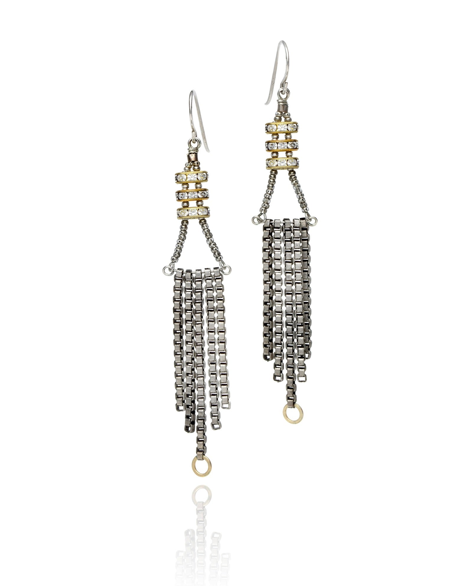 long chain fringe drop earrings in vintage crystal with gold electroplate