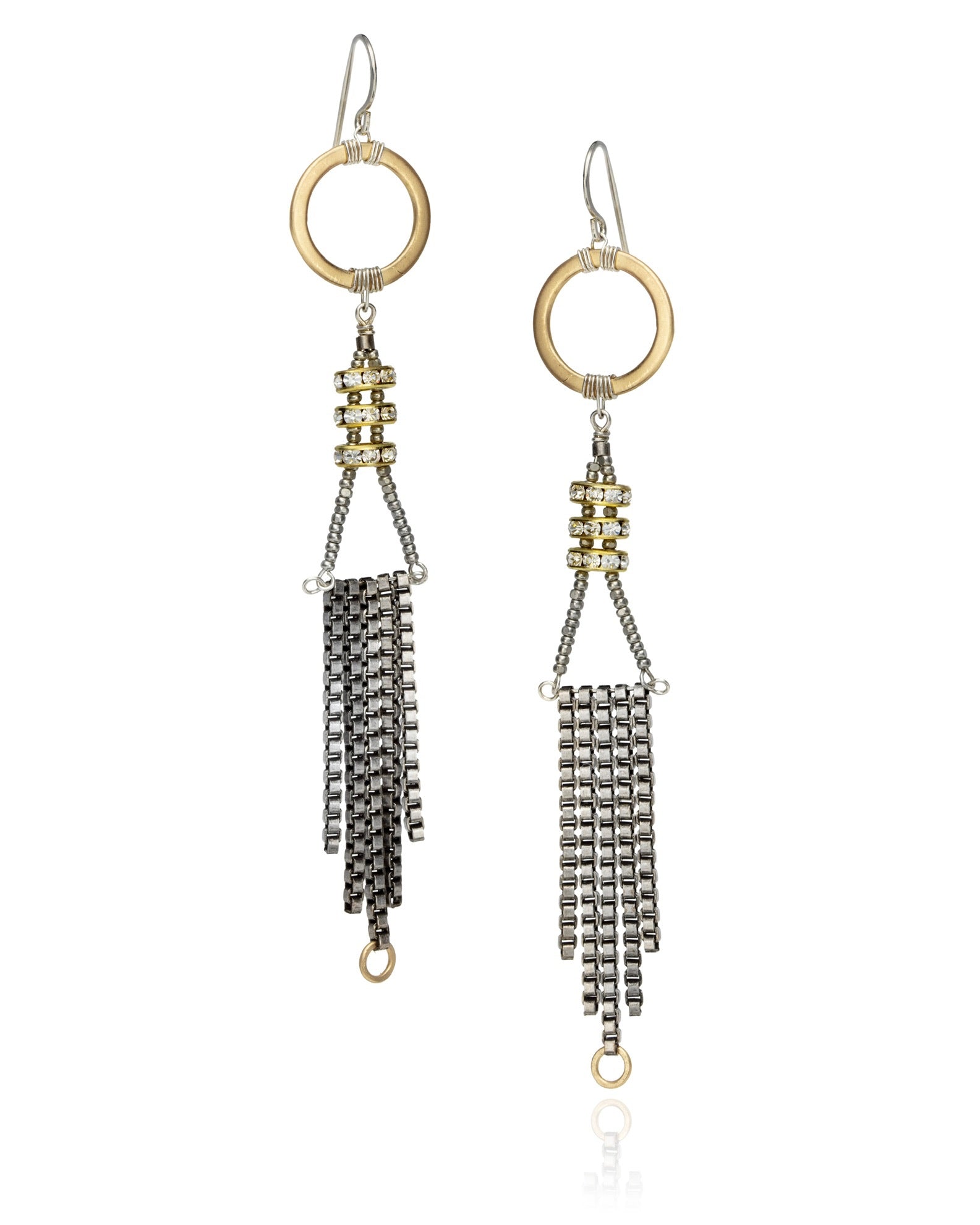 long circle chain fringe drop earrings in vintage crystal with gold electroplate