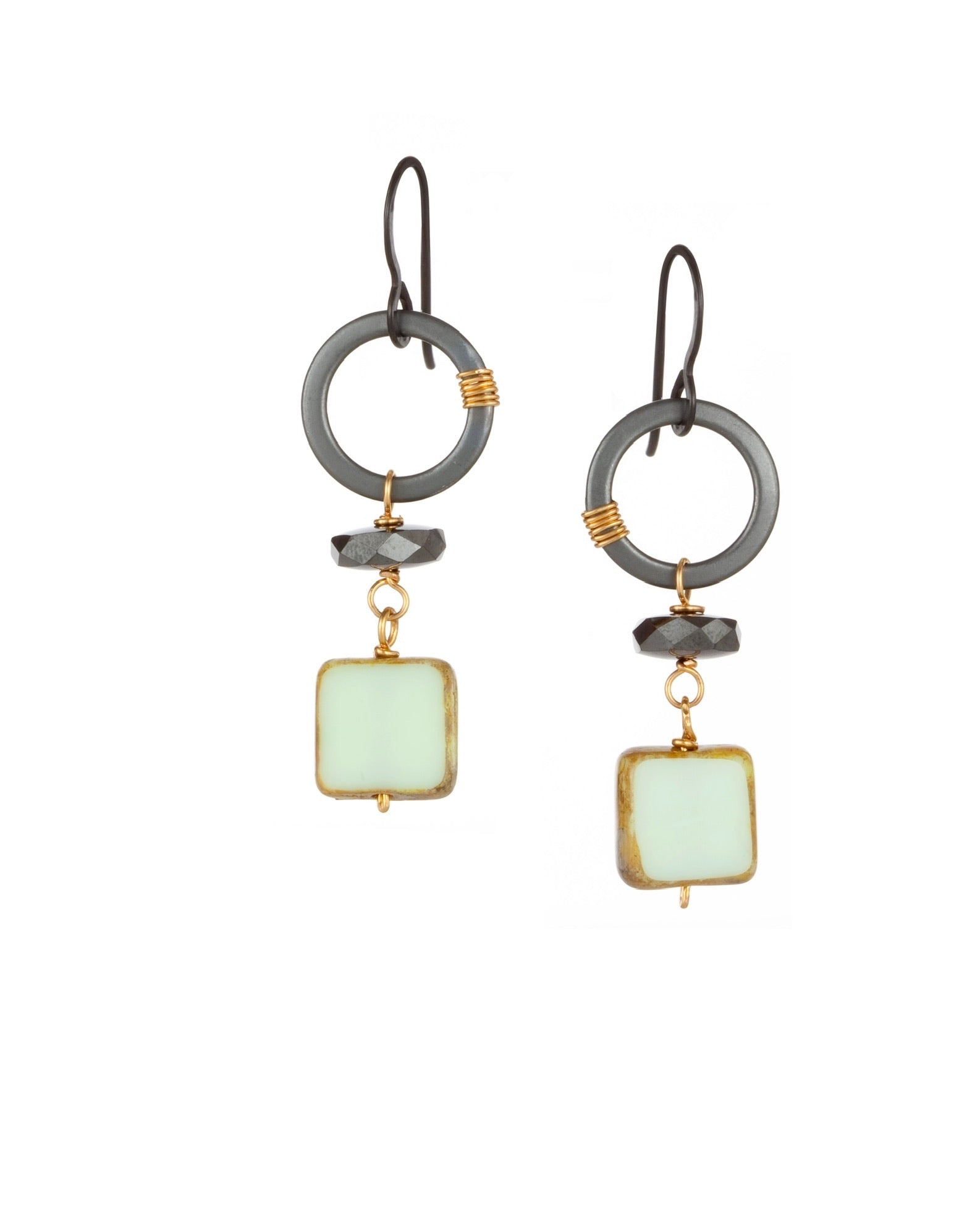 double circle square drop earrings in green vintage Czech glass with pyrite with mixed metal electroplate