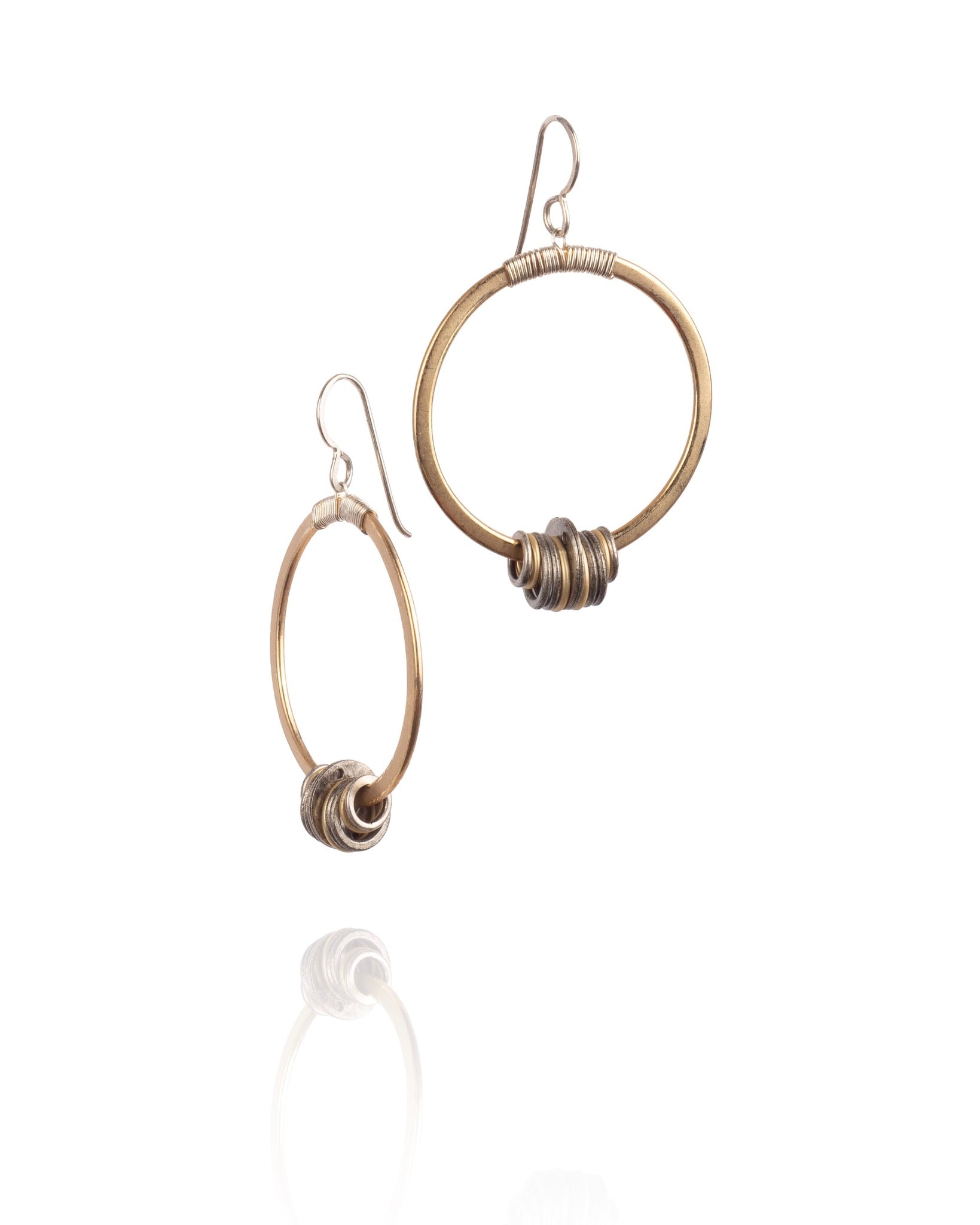 circle drop earrings in vintage cast gold with mixed metal electroplate rings