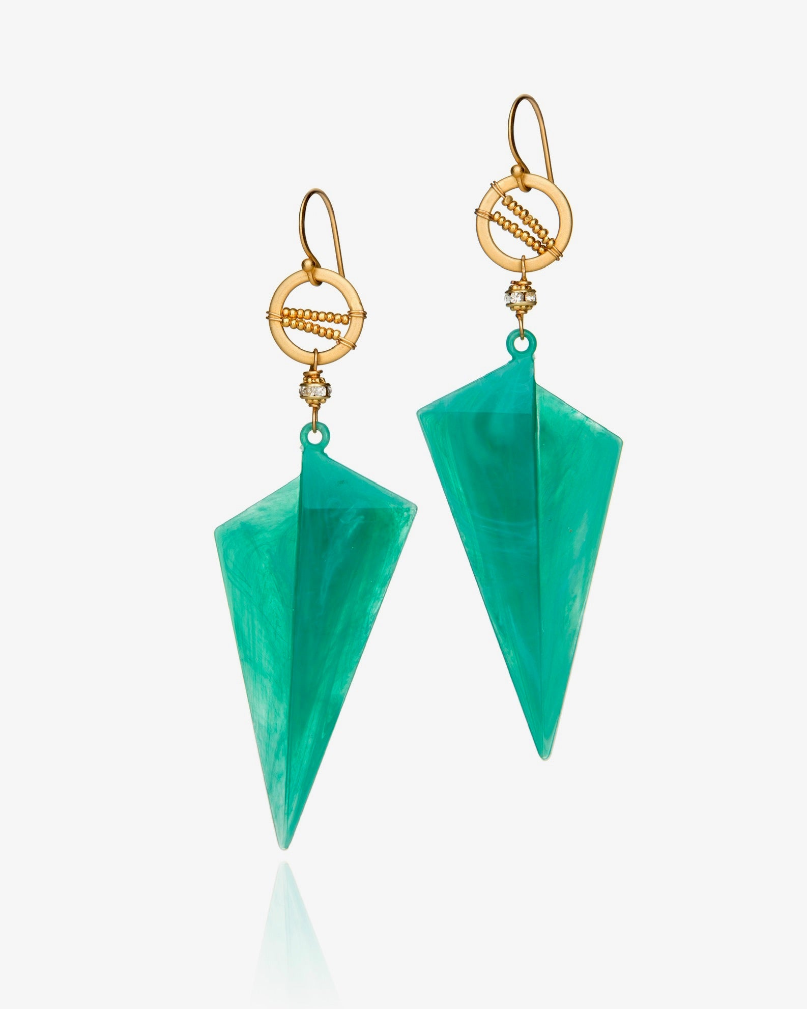 triangle drop earrings in teal vintage resin with gold electroplate