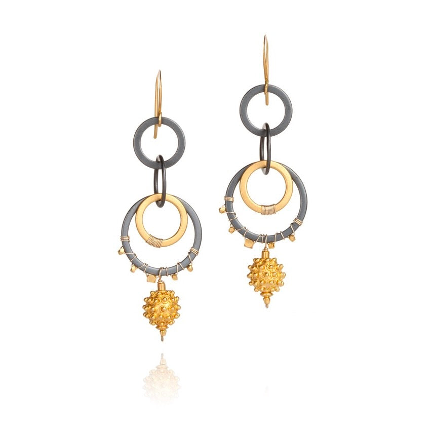 gold and silver circle drop earrings with 24K gold accents