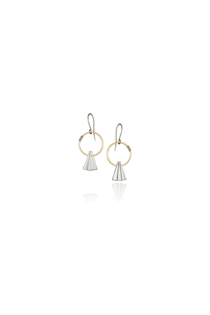 gold and silver triangle shaped dangle geometric earrings
