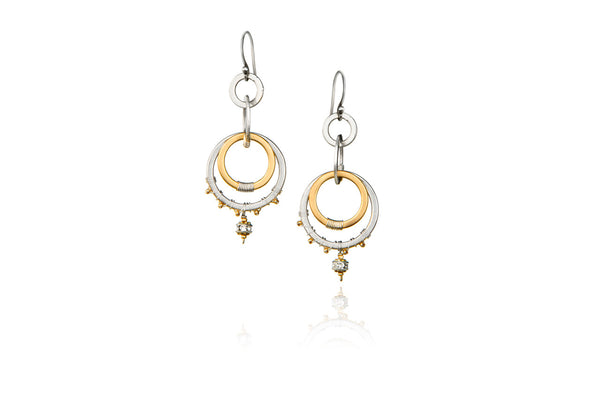 silver and gold circle dangle earrings